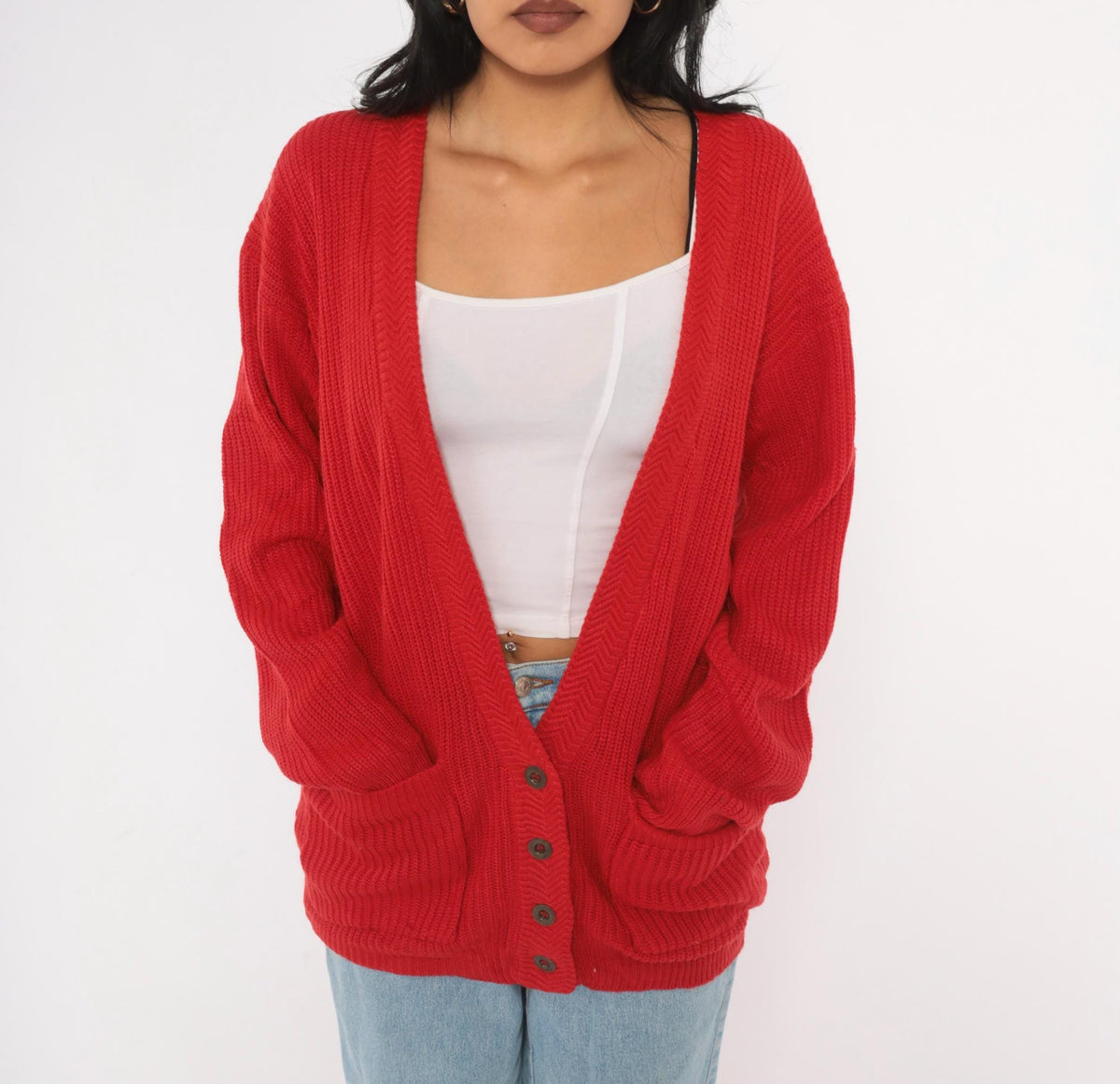 80s Steppingstones Red Chunky Knit Cardigan V-Neck Button Front Small