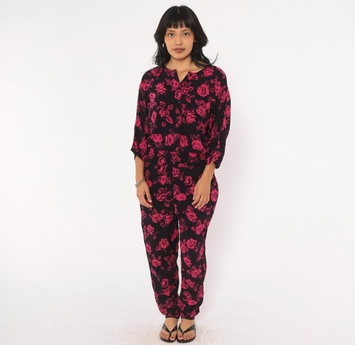 90s Joni Blair Floral Jumpsuit Black Pink Rose Button Front Dolman Medium