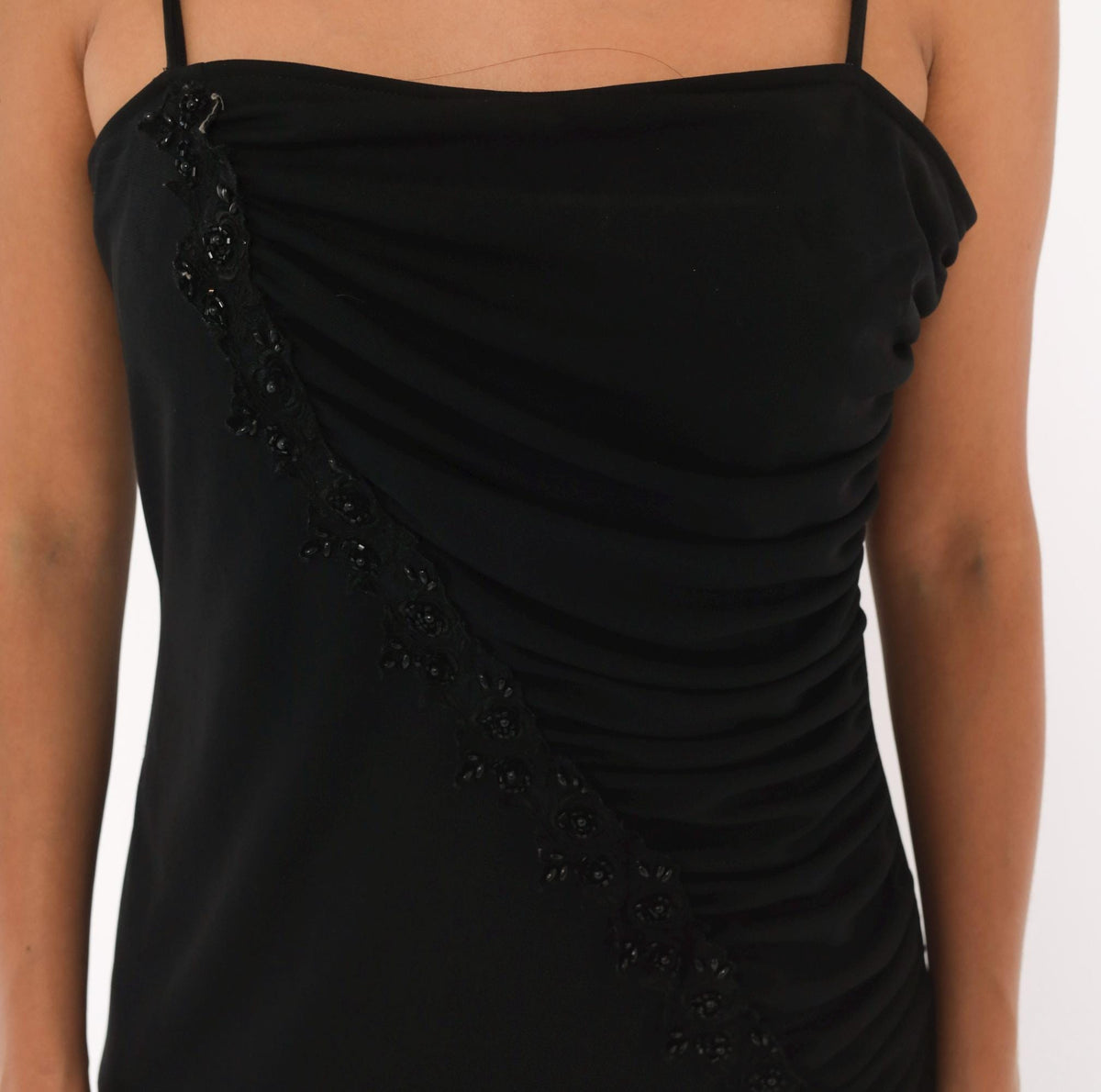 90s Scarlett Black Maxi Dress Beaded Trim Ruched Square Neck Medium M