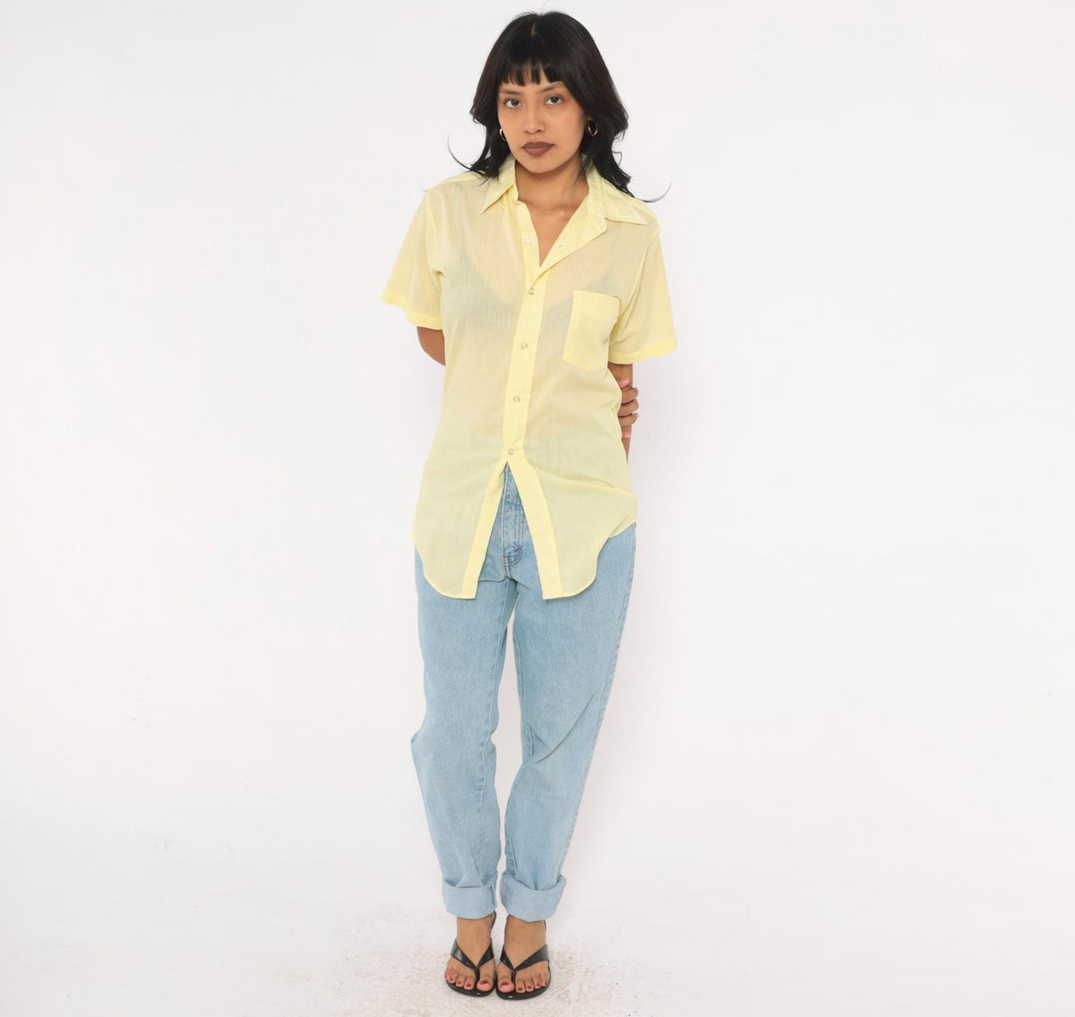 70s Yellow Cotton Button Up Shirt Short Sleeve Pointed Collar Chest Pocket Extra Small XS