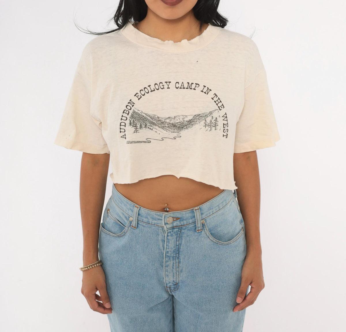 90s Audubon Ecology Camp Mountain Pine Tree Graphic Crop Top Cream Small