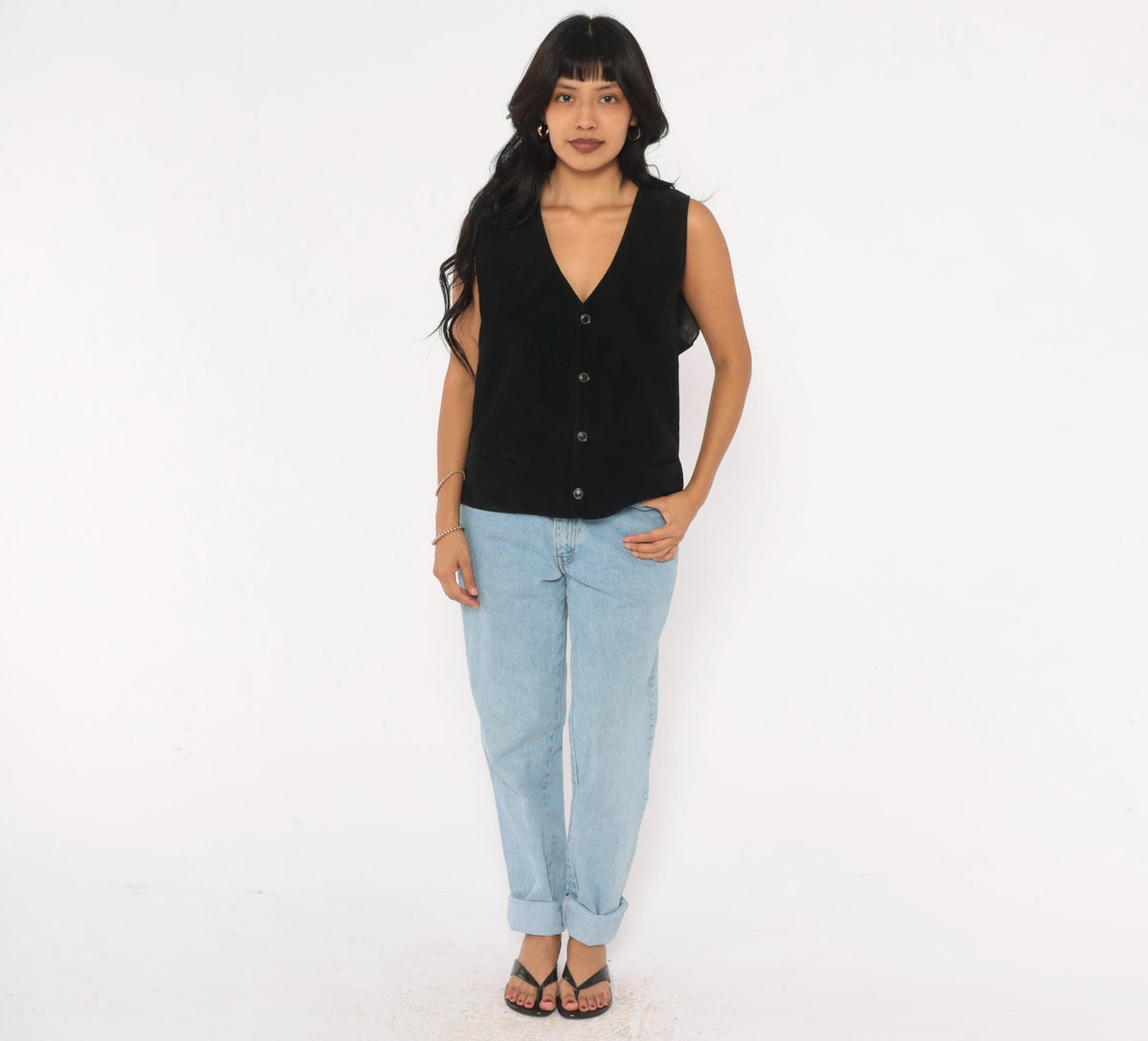 90s Black Suede Vest Deep V Snap Button Western Waistcoat Medium M