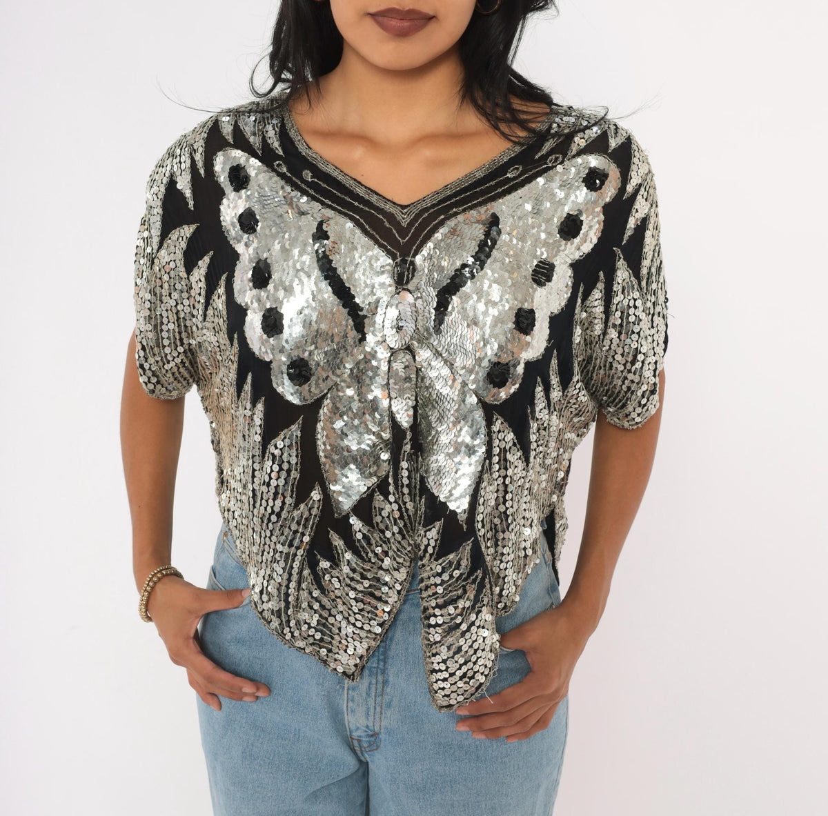 80s Silver Sequin Butterfly Silk Blouse Batwing Sleeve V Neck Medium