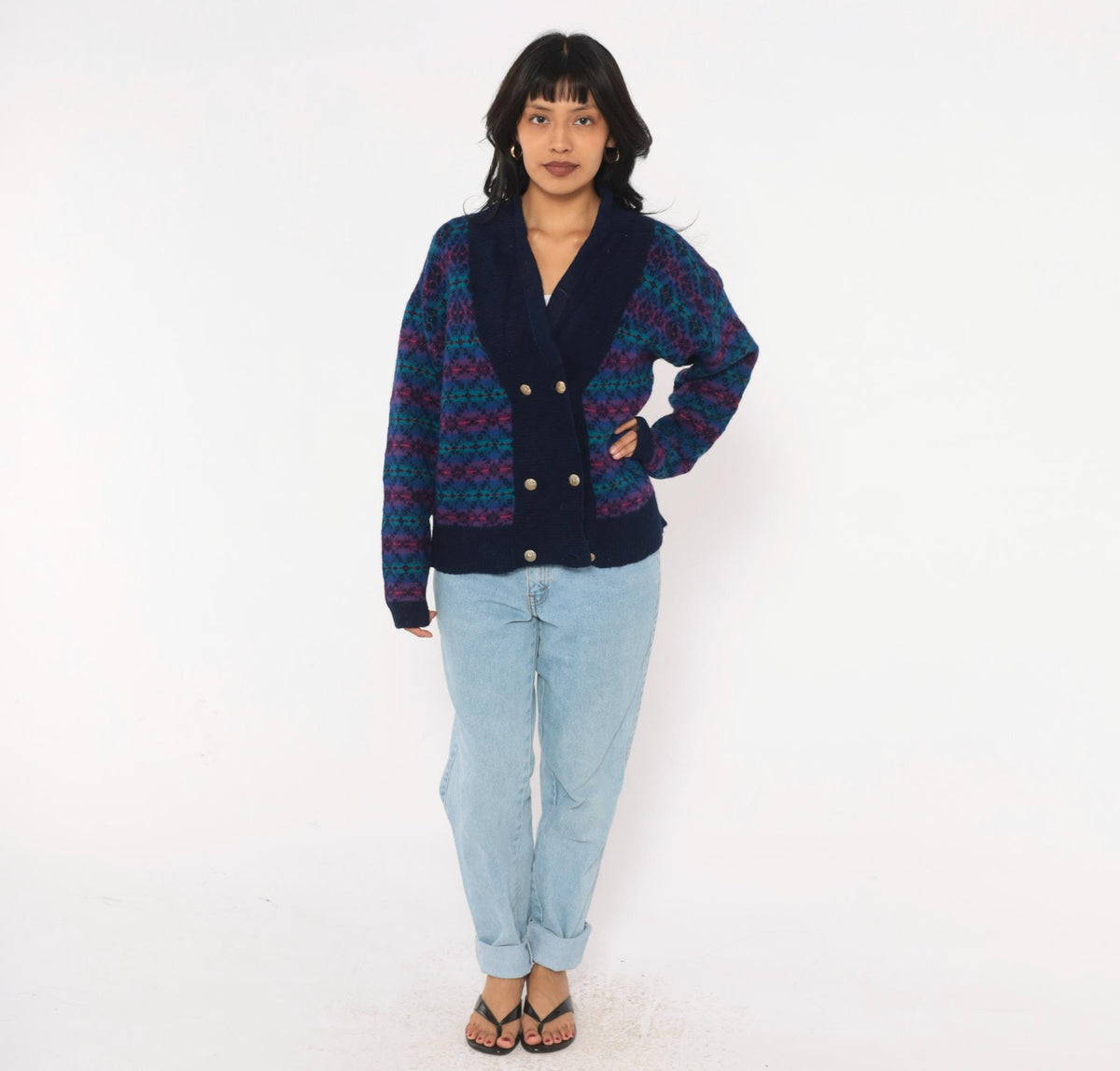 80s Fair Isle Cardigan Navy Wool Blend Shawl Collar Double Breasted Medium M