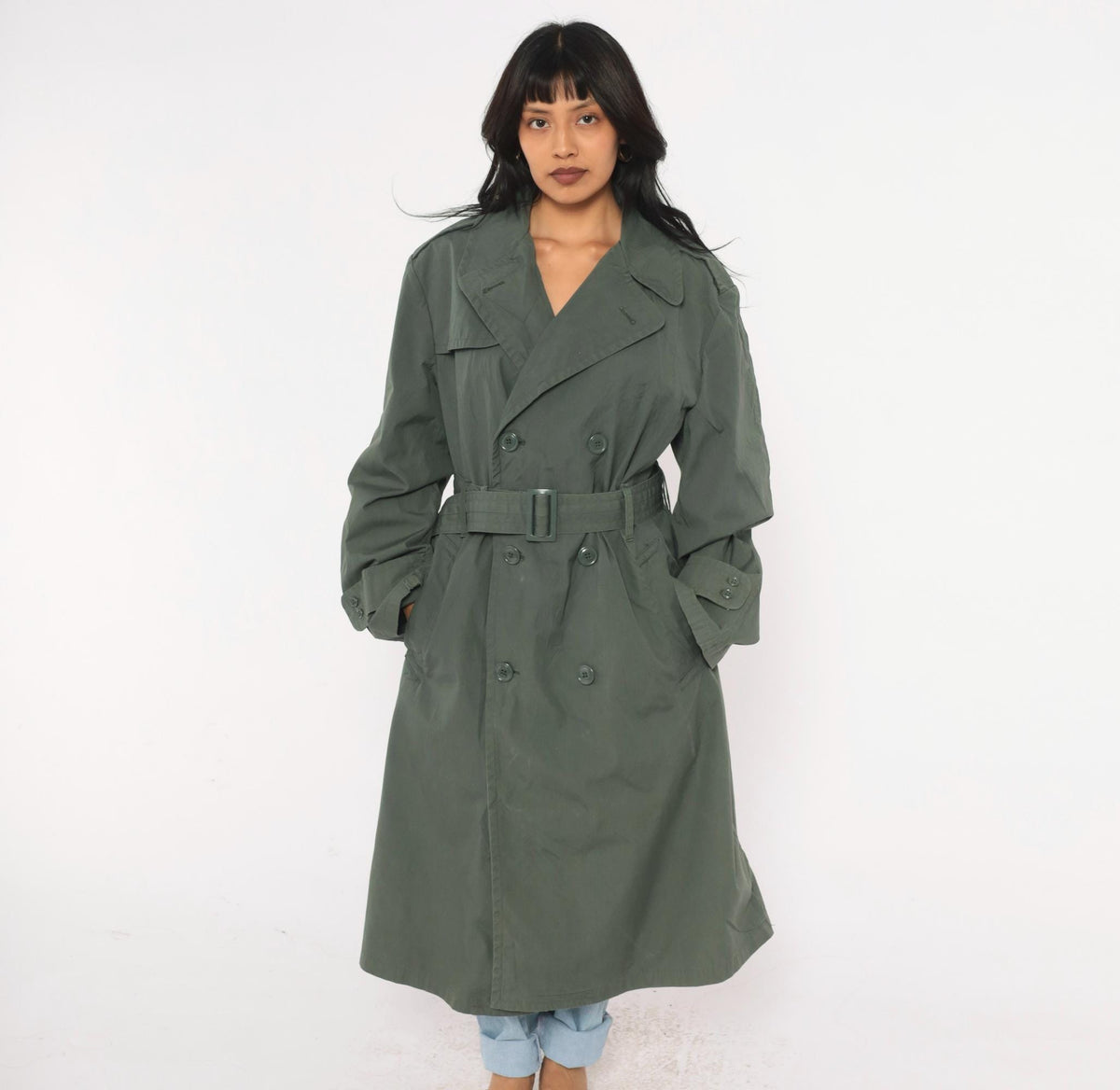 90s Military Trench Coat Grey Olive Double Breasted Long Jacket Medium