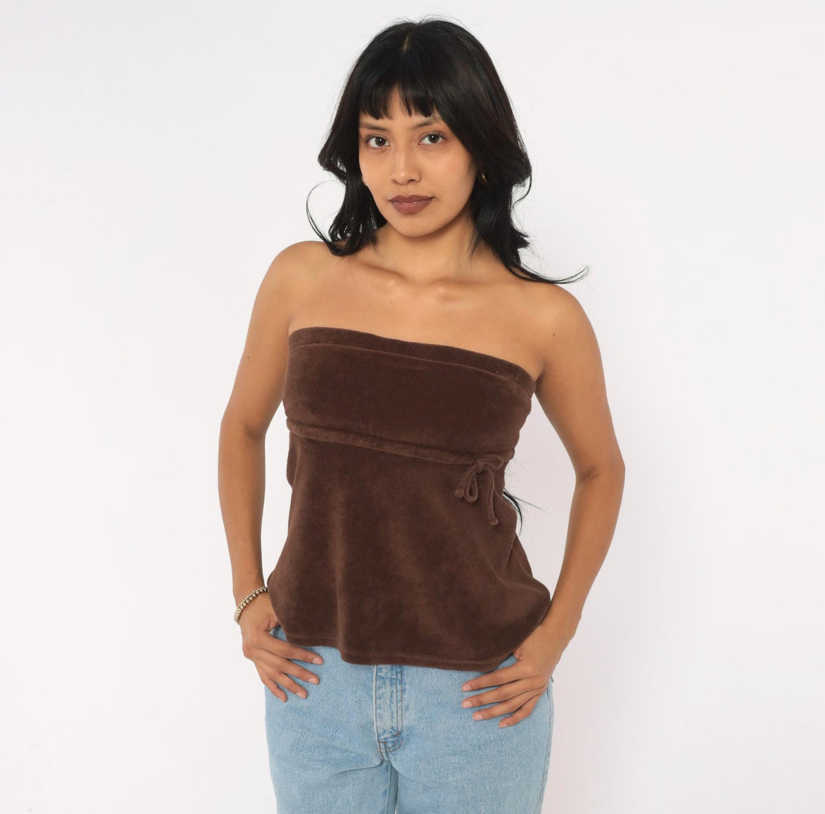Y2K Brown Terry Tube Top Strapless Drawstring Tie Waist Small