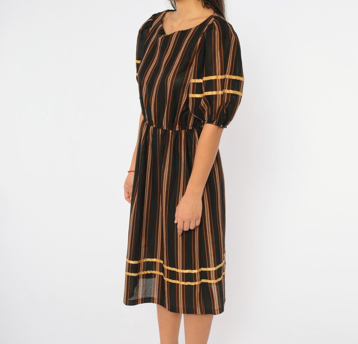 80s Jane Baar Striped Dress Puff Sleeve Gold Ribbon Trim Knee Length Small