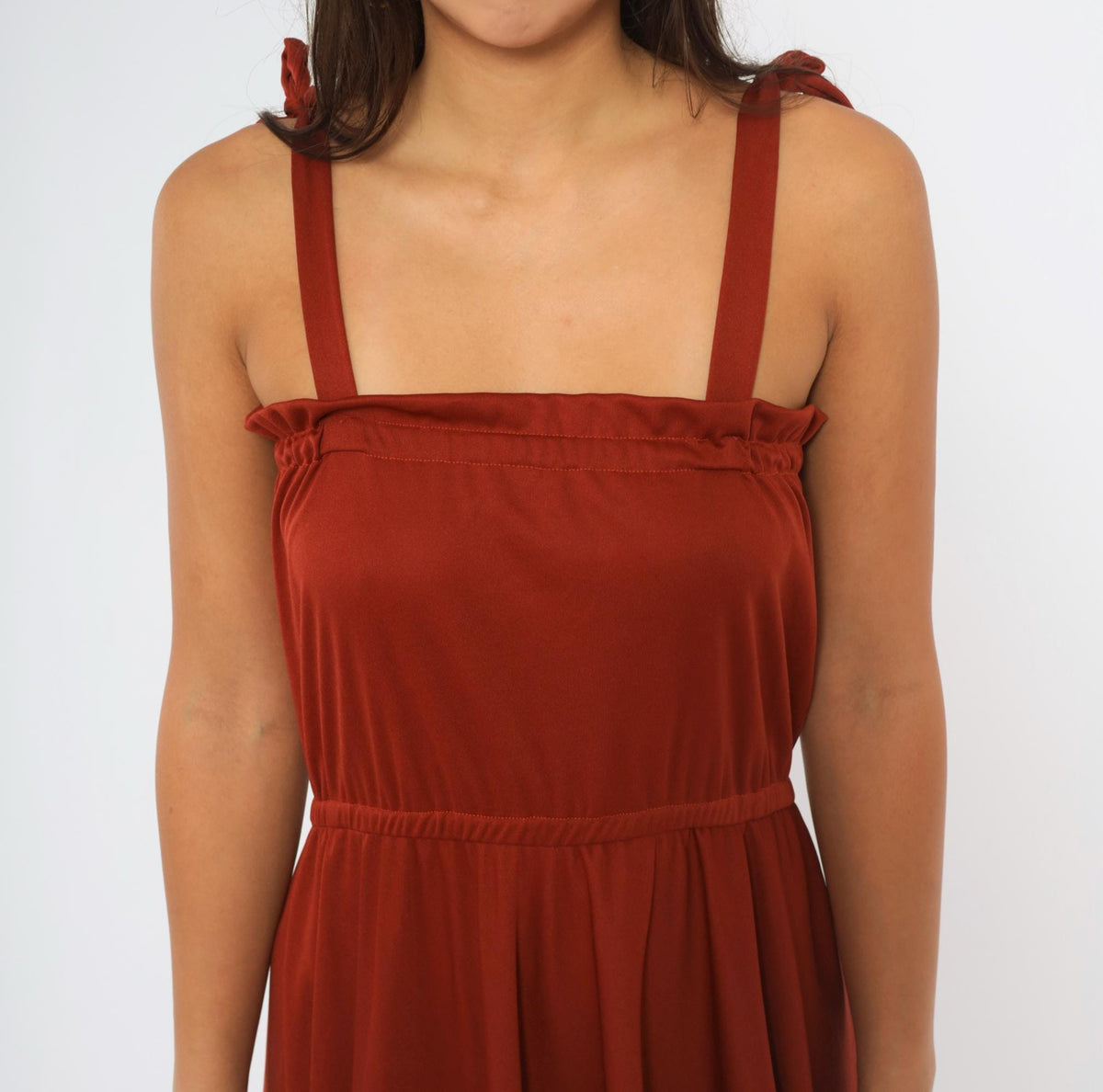 70s Rust Red Midi Dress Tie Shoulder Sleeveless A-Line Full Skirt Small