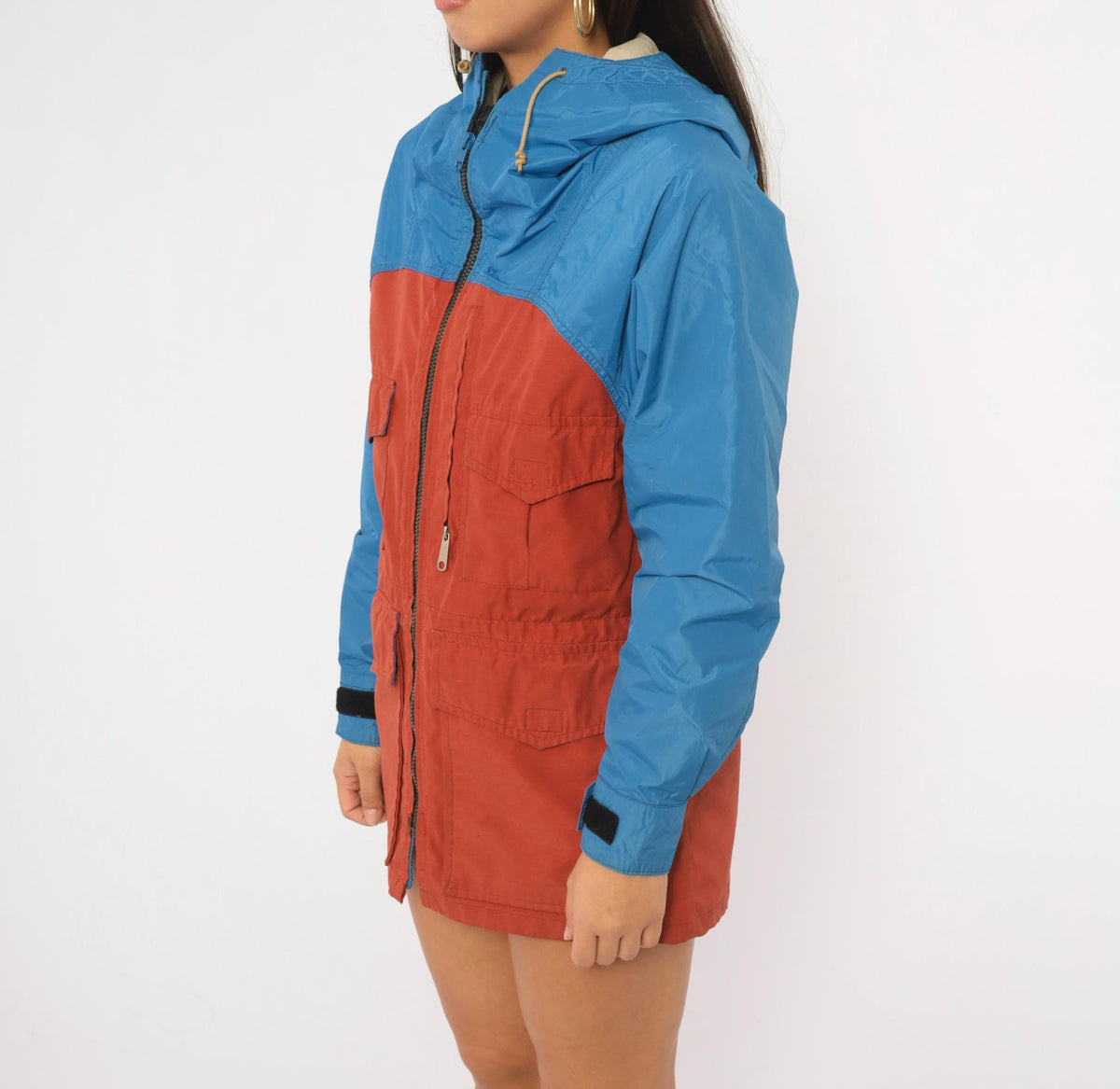 80s Jansport Hooded Windbreaker Cobalt Blue Rust Color Block Small