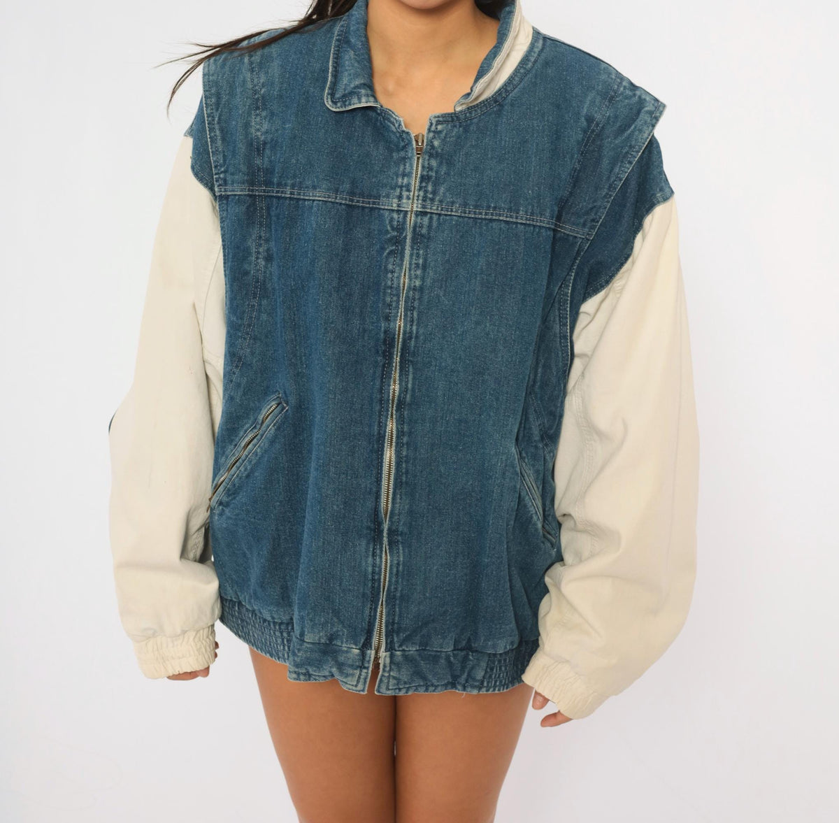 90s Dash Denim Bomber Jacket Blue Cream Color Block Dolman Large