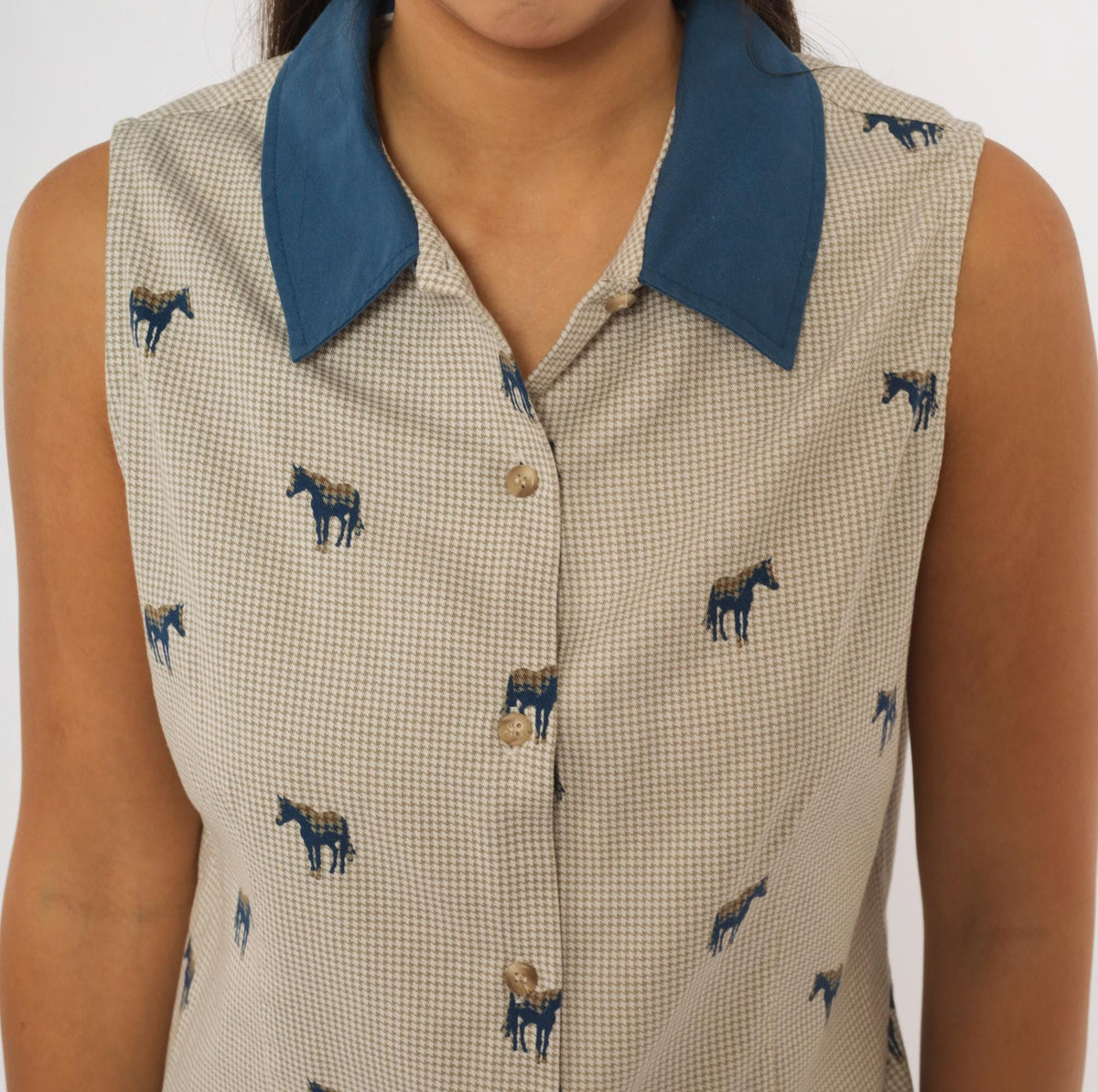 90s Five Star Horse Print Sleeveless Blouse Beige Cobalt Collar Small