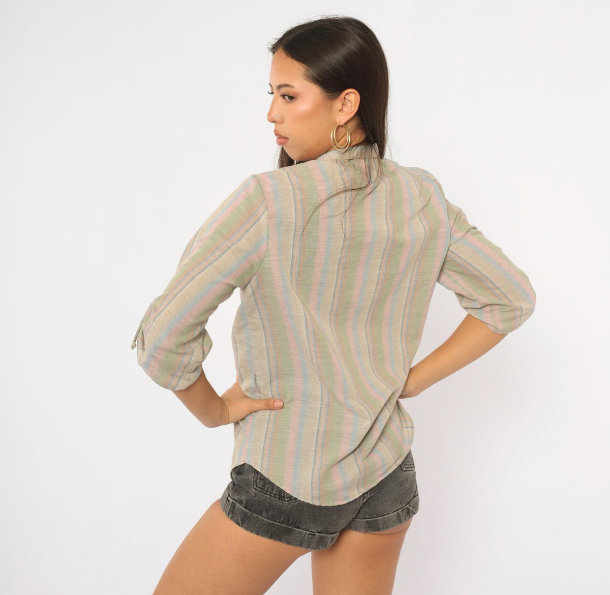 80s Caribou Pastel Striped Cotton Blouse Tie Sleeve Collared V Neck Large L