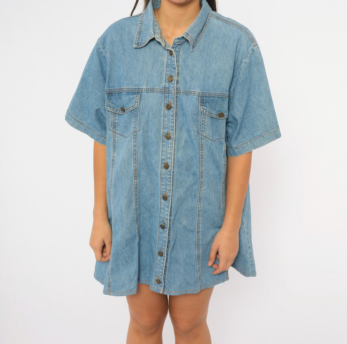 90s Switch II Denim Shirt Light Wash Cotton Short Sleeve Plus Size XXL