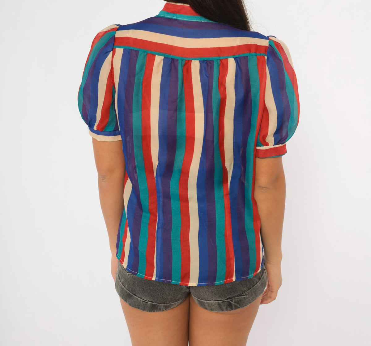 80s Ms. Paquette Striped Blouse Puff Sleeve Bow Tie Neck Button Front Medium