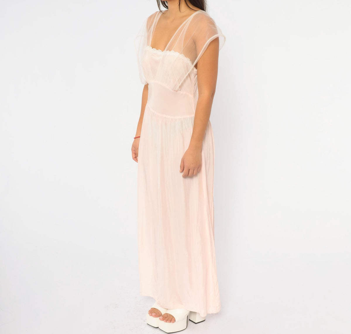 1940s Pink Tulle Nightgown Lace Trim Maxi Slip Dress Cap Sleeve Small