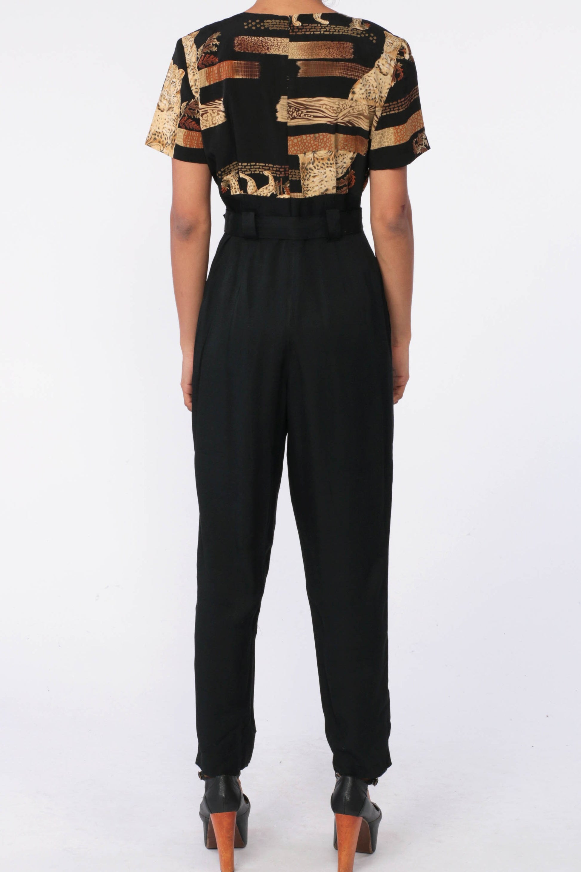 80s Animal Print Jumpsuit Black Belted High Waisted Tapered Medium 8