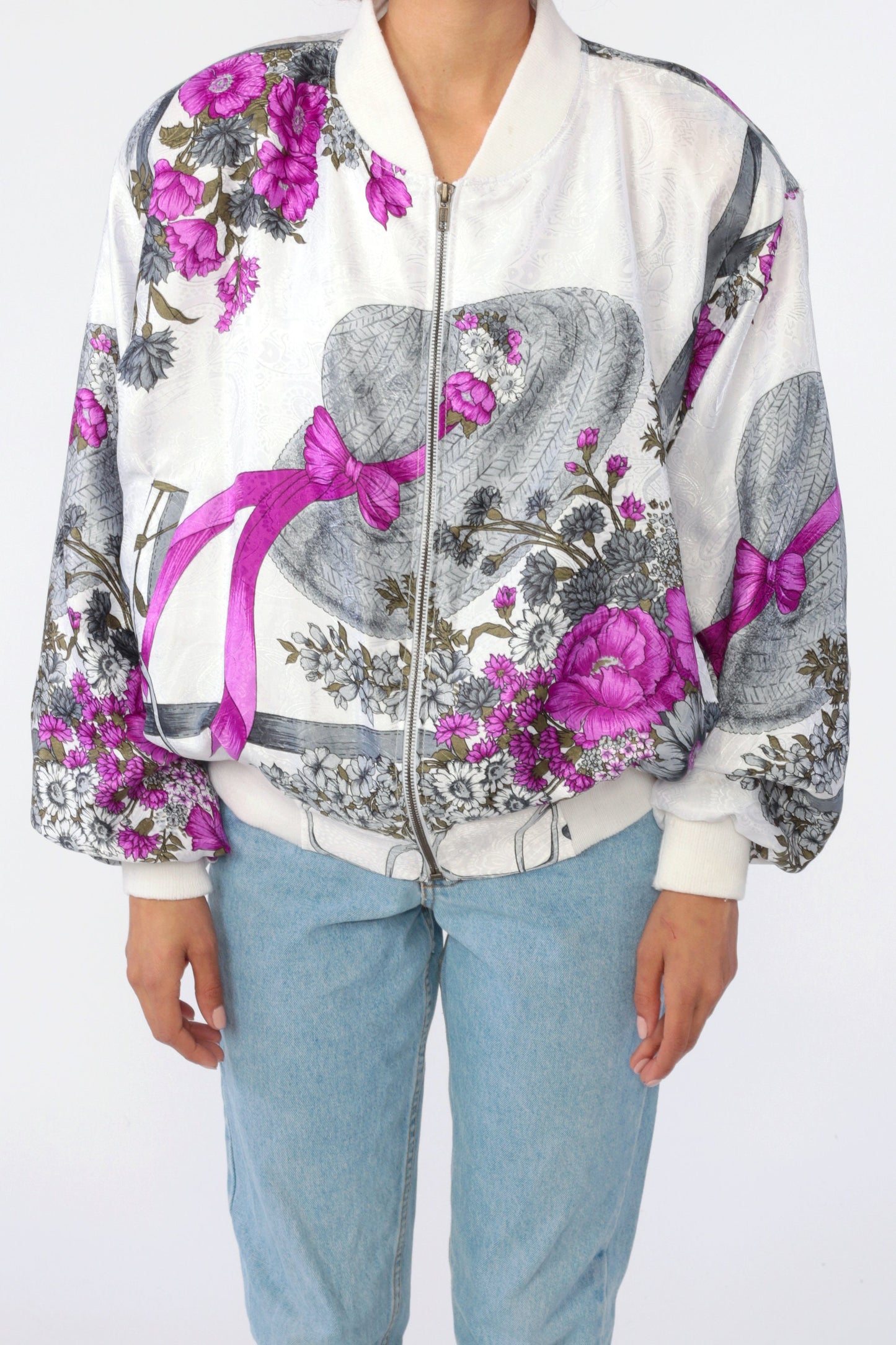 90s Floral Hat Print Windbreaker Jacket White Purple Medium