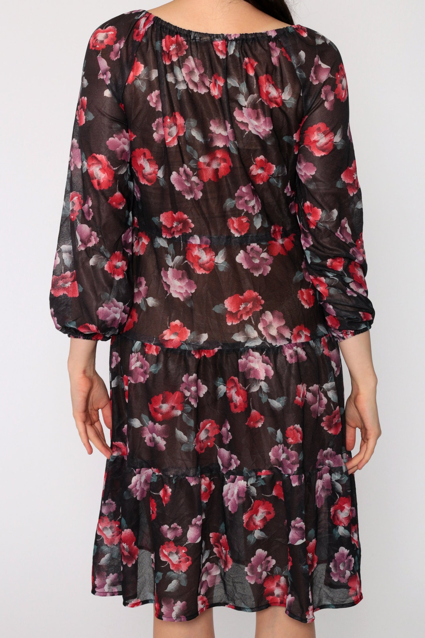 70s Floral Print Midi Dress Tiered Sheer Black High Waist Small