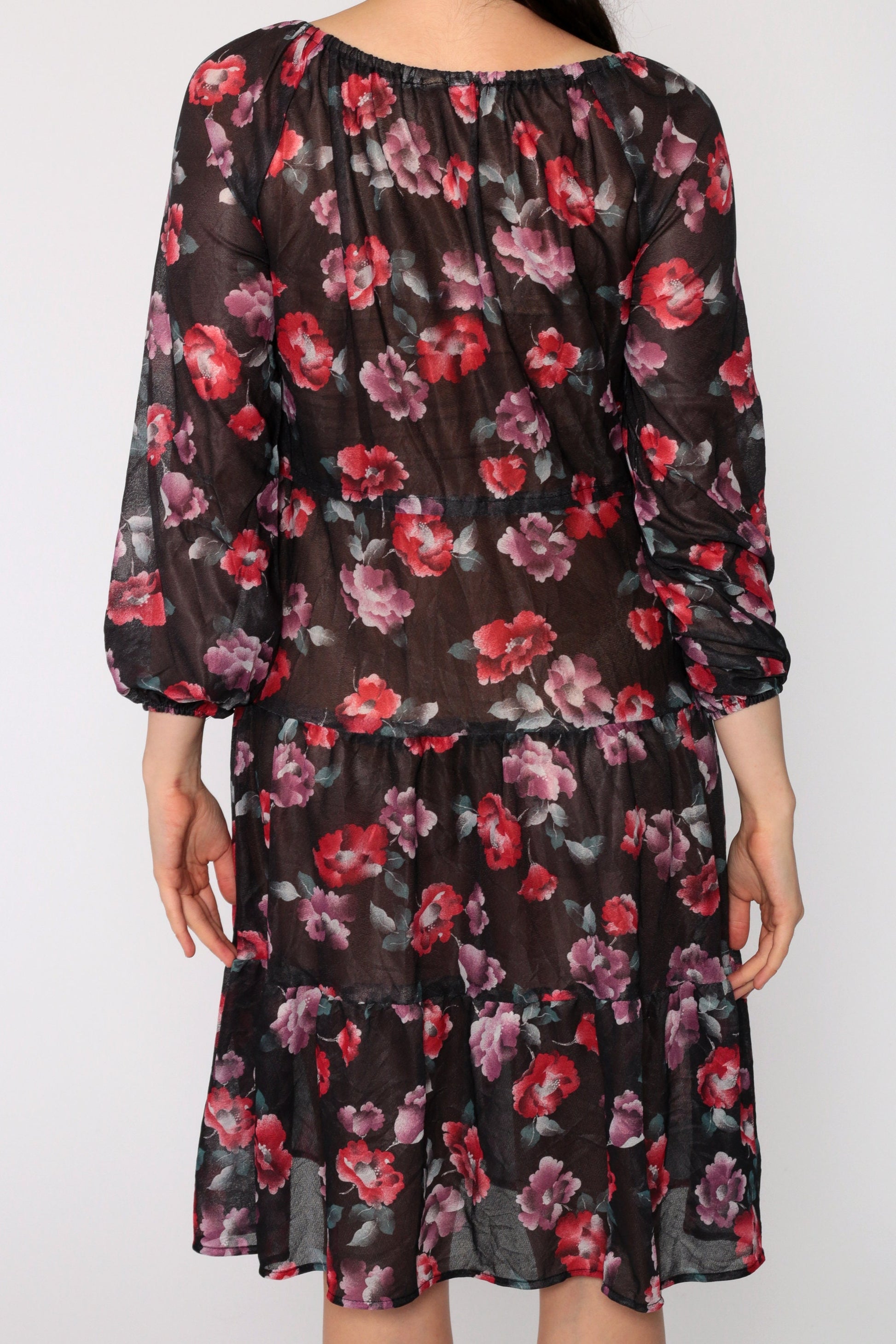 70s Floral Print Midi Dress Tiered Sheer Black High Waist Small