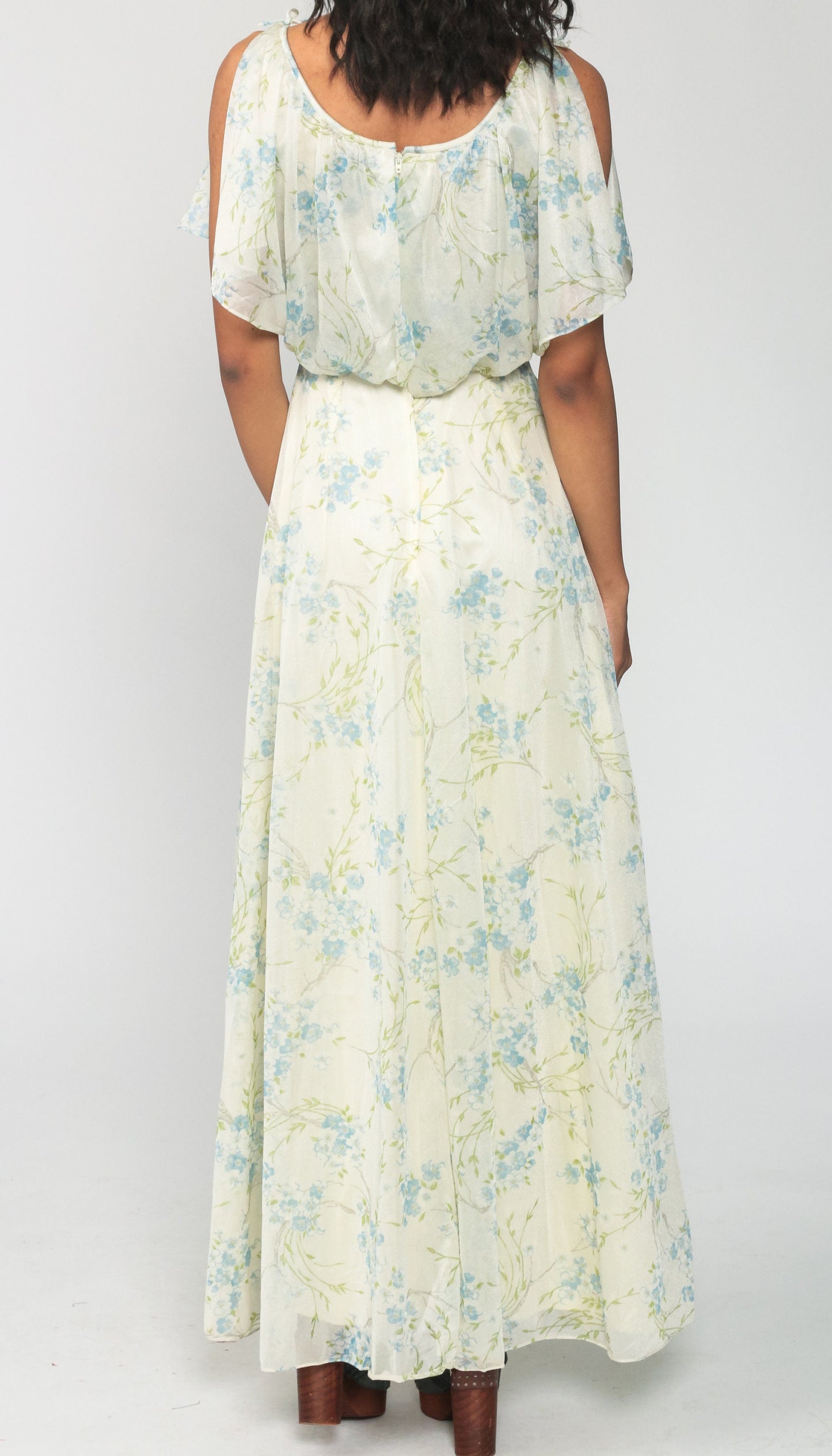 70s Cream Floral Maxi Dress Blouson Bodice Split Sleeves Extra Small