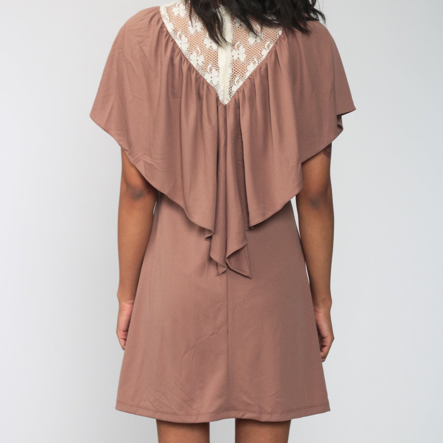 70s Lace Mini Dress with Draped Capelet Mocha High Neck Small