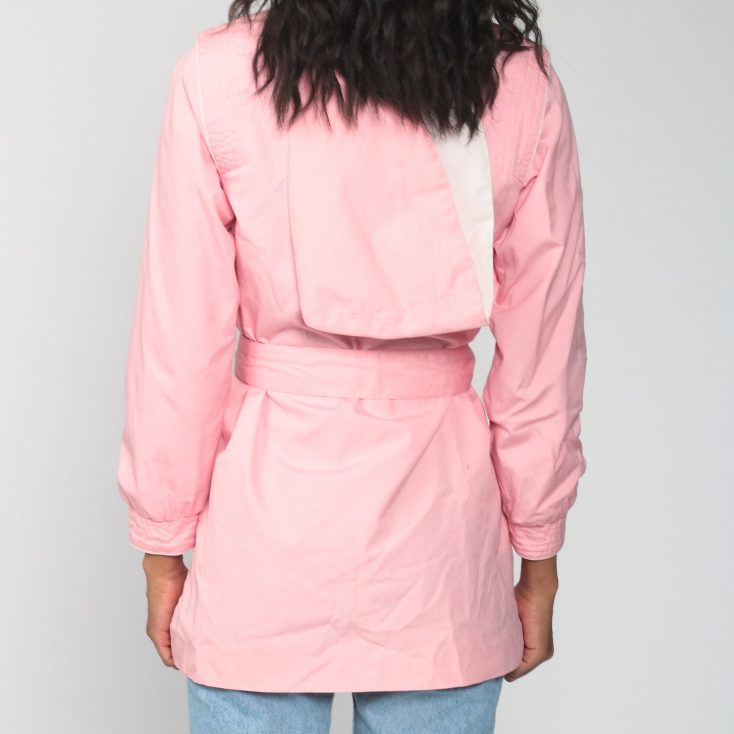 80s Baby Pink Hooded Windbreaker Jacket Belted Cotton Small