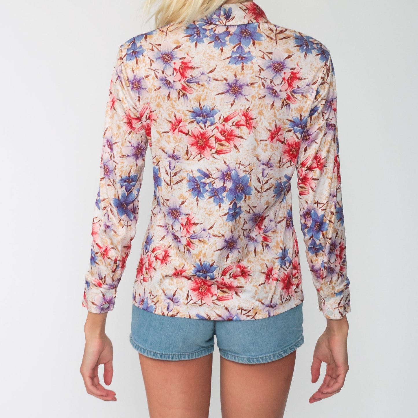 70s Floral Button Up Shirt Pointed Collar Long Sleeve Flower Print Small
