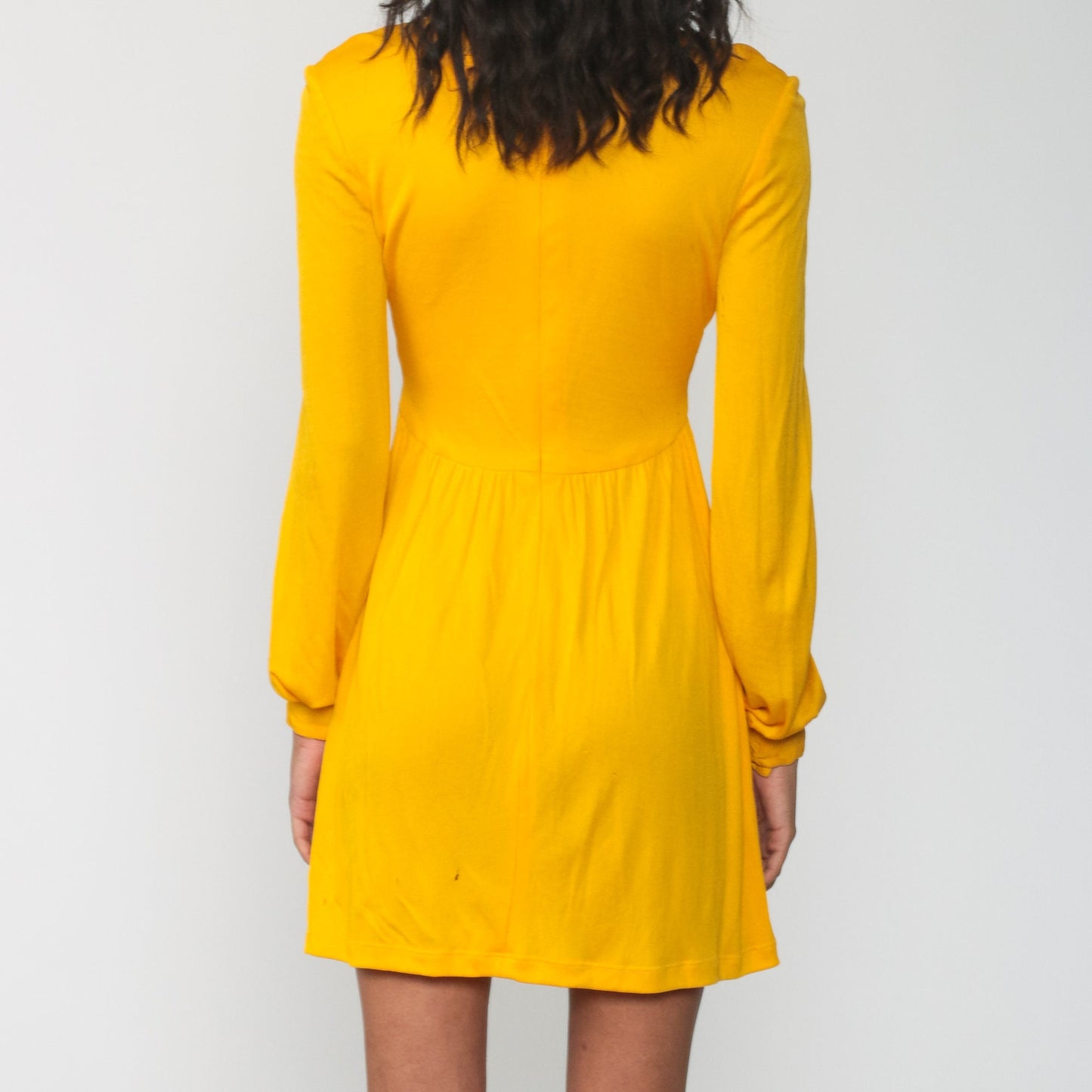 70s Yellow Babydoll Mini Dress Empire Waist Funnel Neck Long Sleeve Extra Small