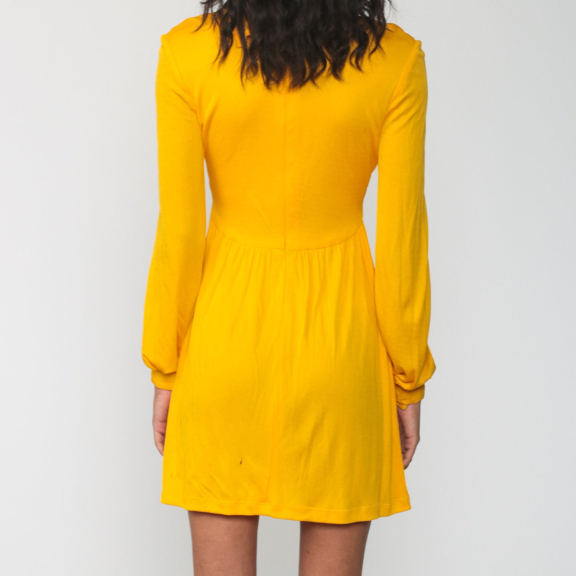 70s Yellow Babydoll Mini Dress Empire Waist Funnel Neck Long Sleeve Extra Small