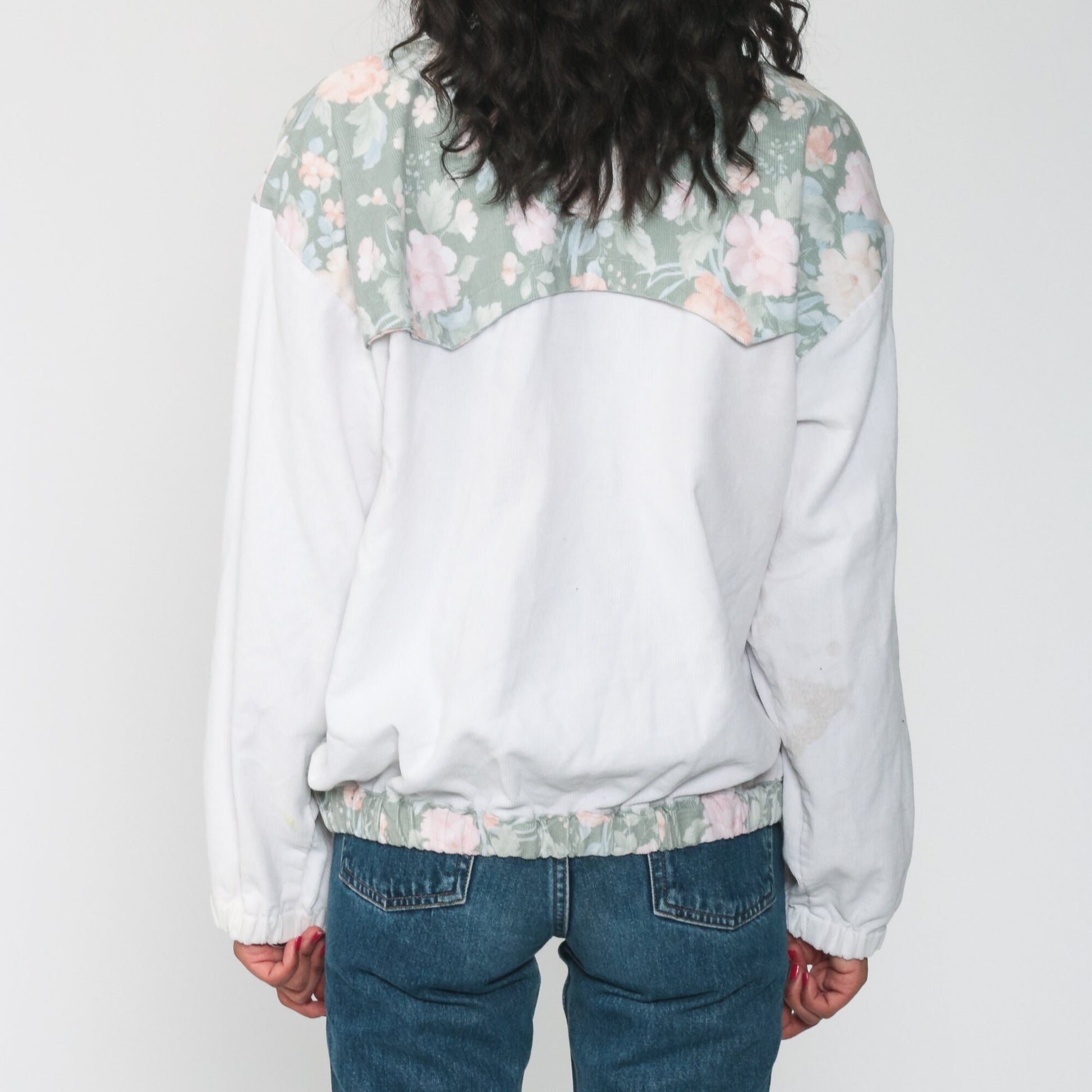 80s Floral Embroidered Bomber Jacket White Windbreaker Zip-Up Medium