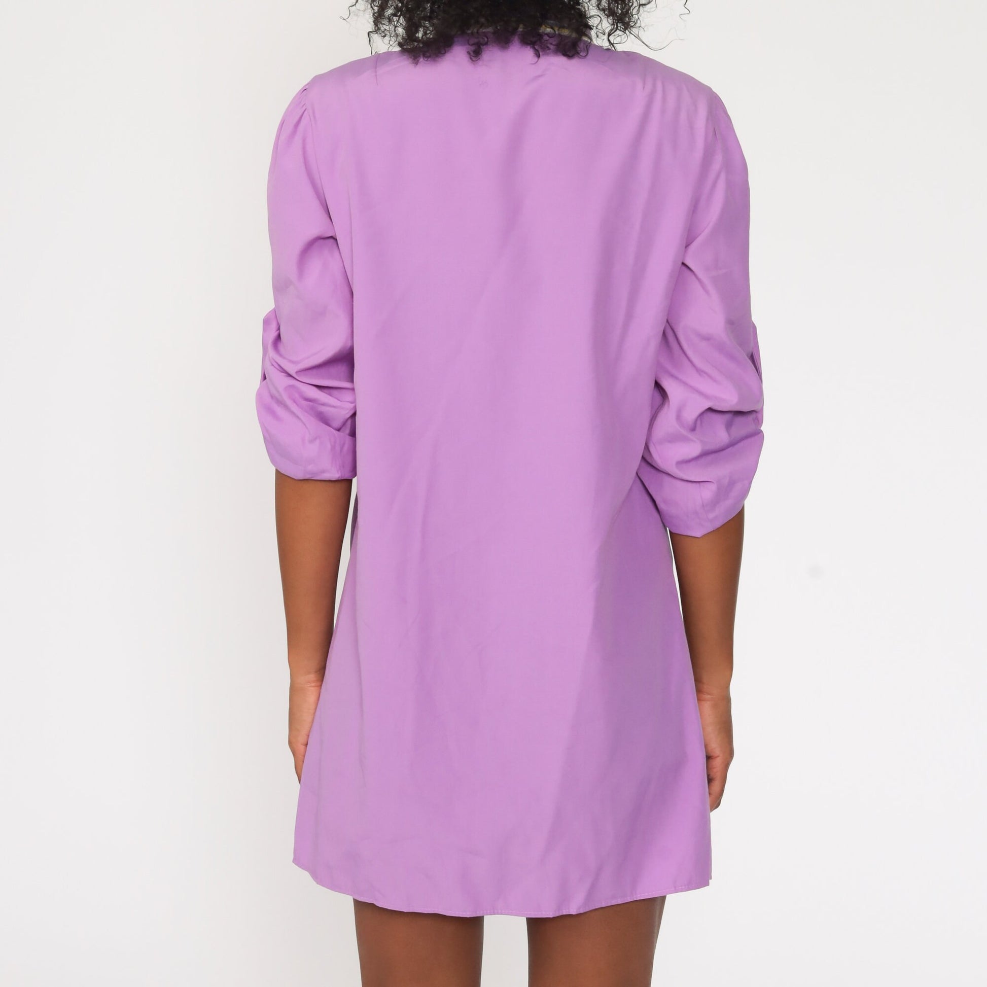 70s Purple Ascot Shift Mini Dress Long Sleeve Button Up Small Medium