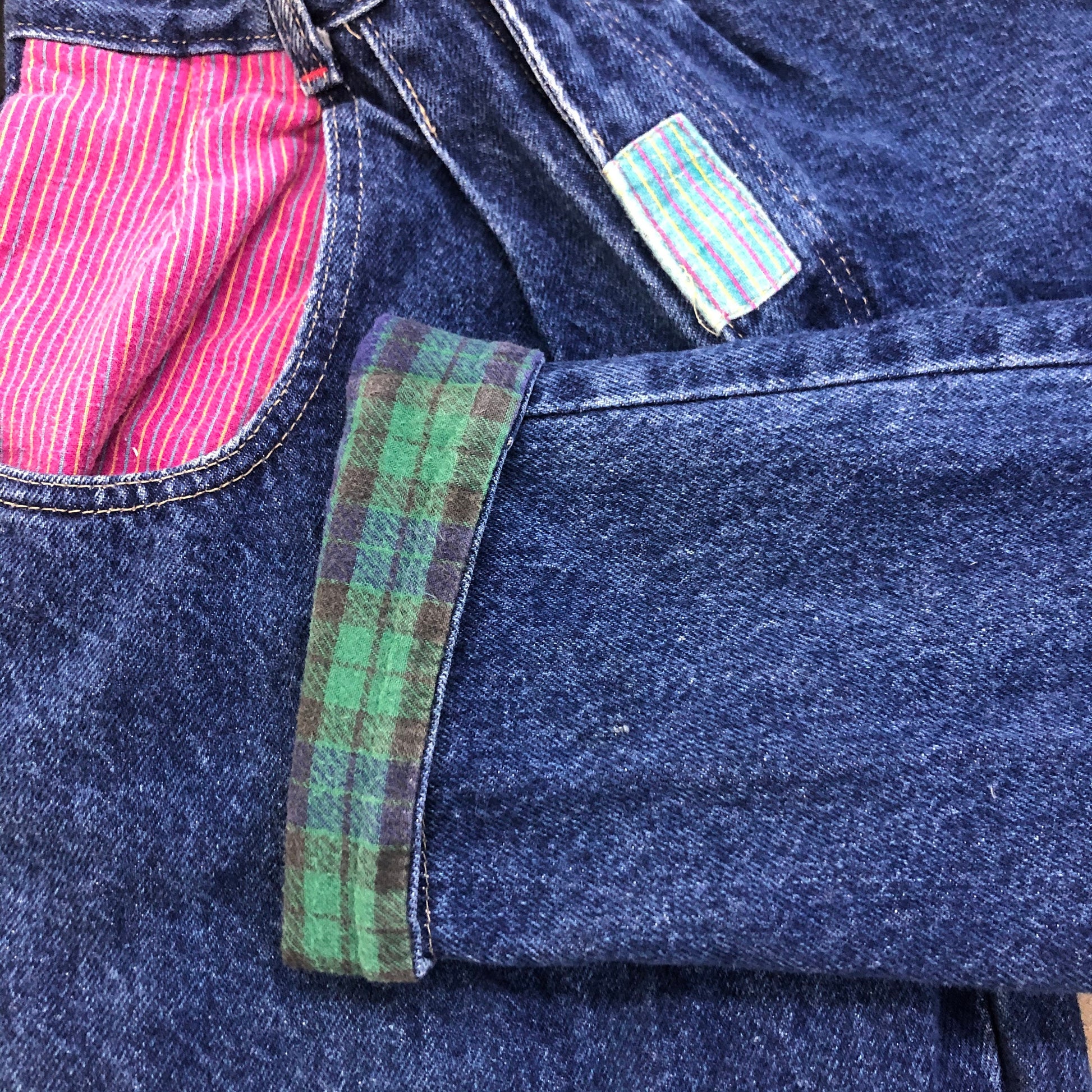 90s High Waisted Pleated Mom Jeans Blue Stone Wash Plaid Trim XXS