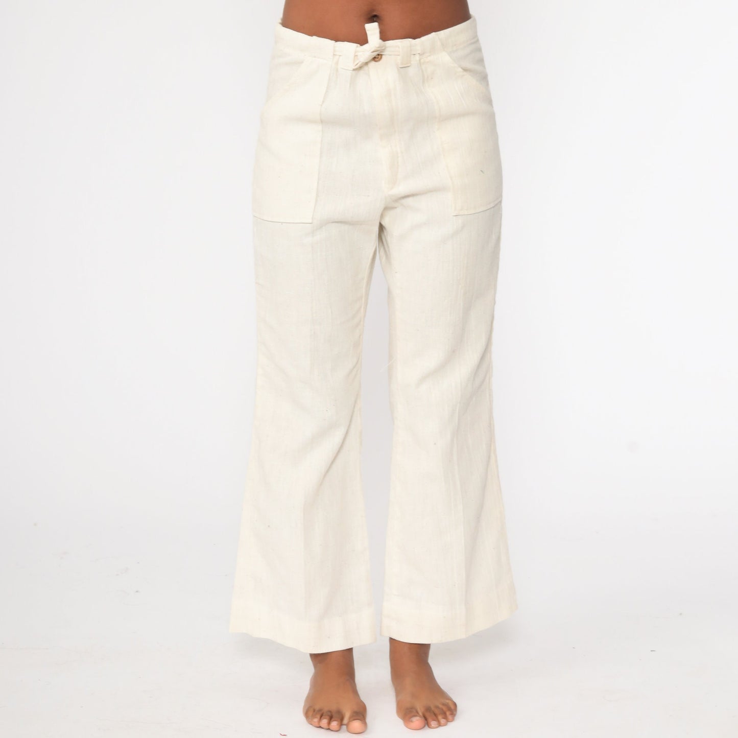 70s Bell Bottom Pants Off-White Cotton Drawstring Mid Rise Small