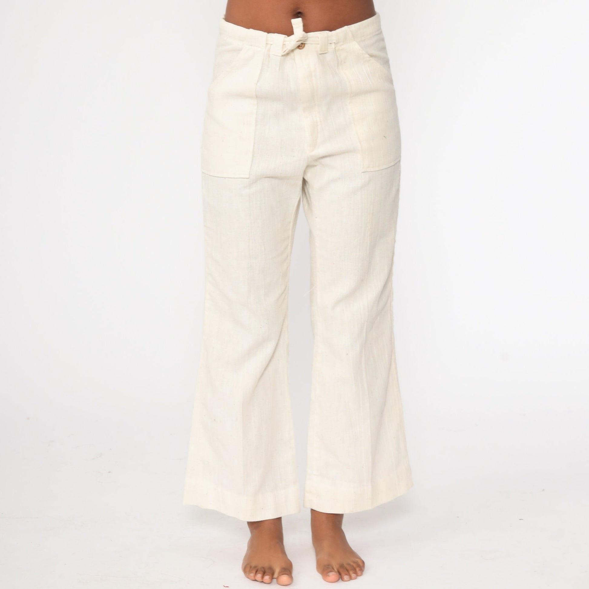 70s Bell Bottom Pants Off-White Cotton Drawstring Mid Rise Small