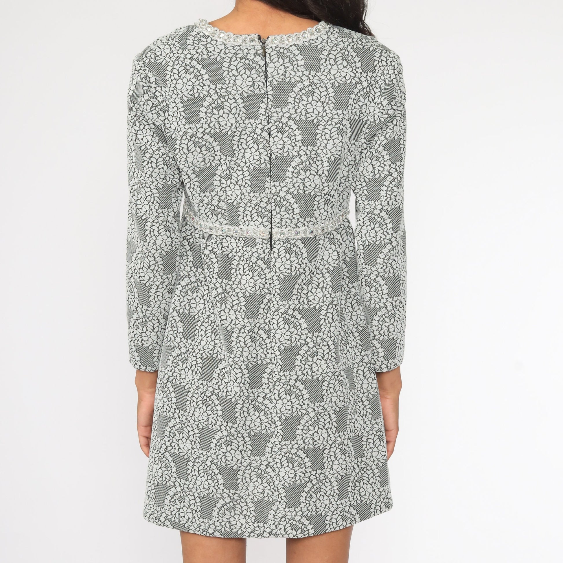 70s Floral Rhinestone Empire Waist Mini Dress Black Long Sleeve Small