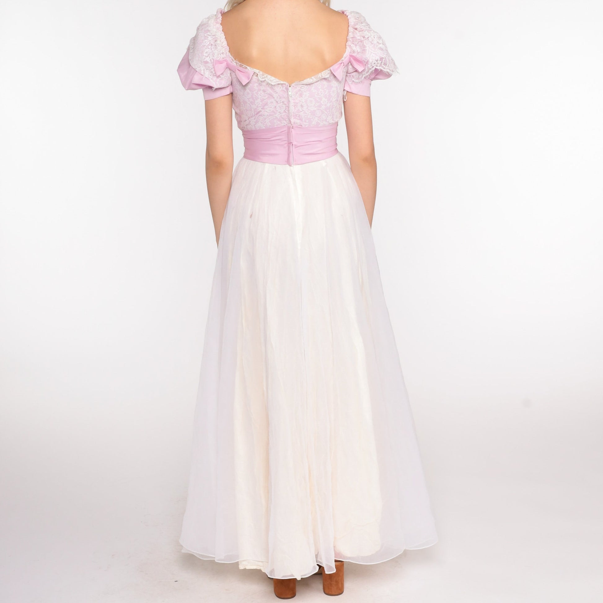 70s Puff Sleeve Maxi Dress Chiffon Lace White Lavender Off-Shoulder Extra Small