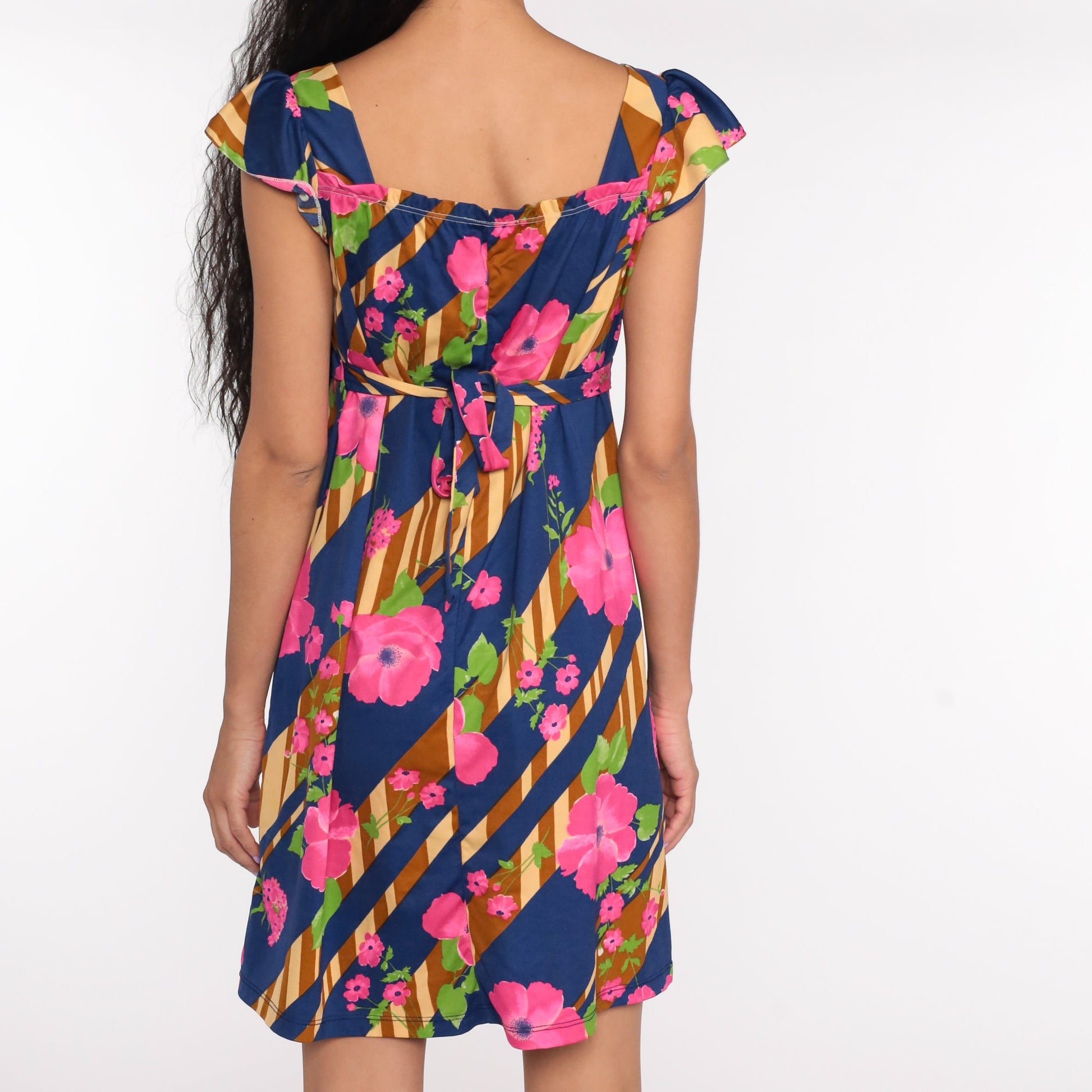 70s Floral Mini Dress Empire Waist Flutter Sleeve Blue Pink Small Medium