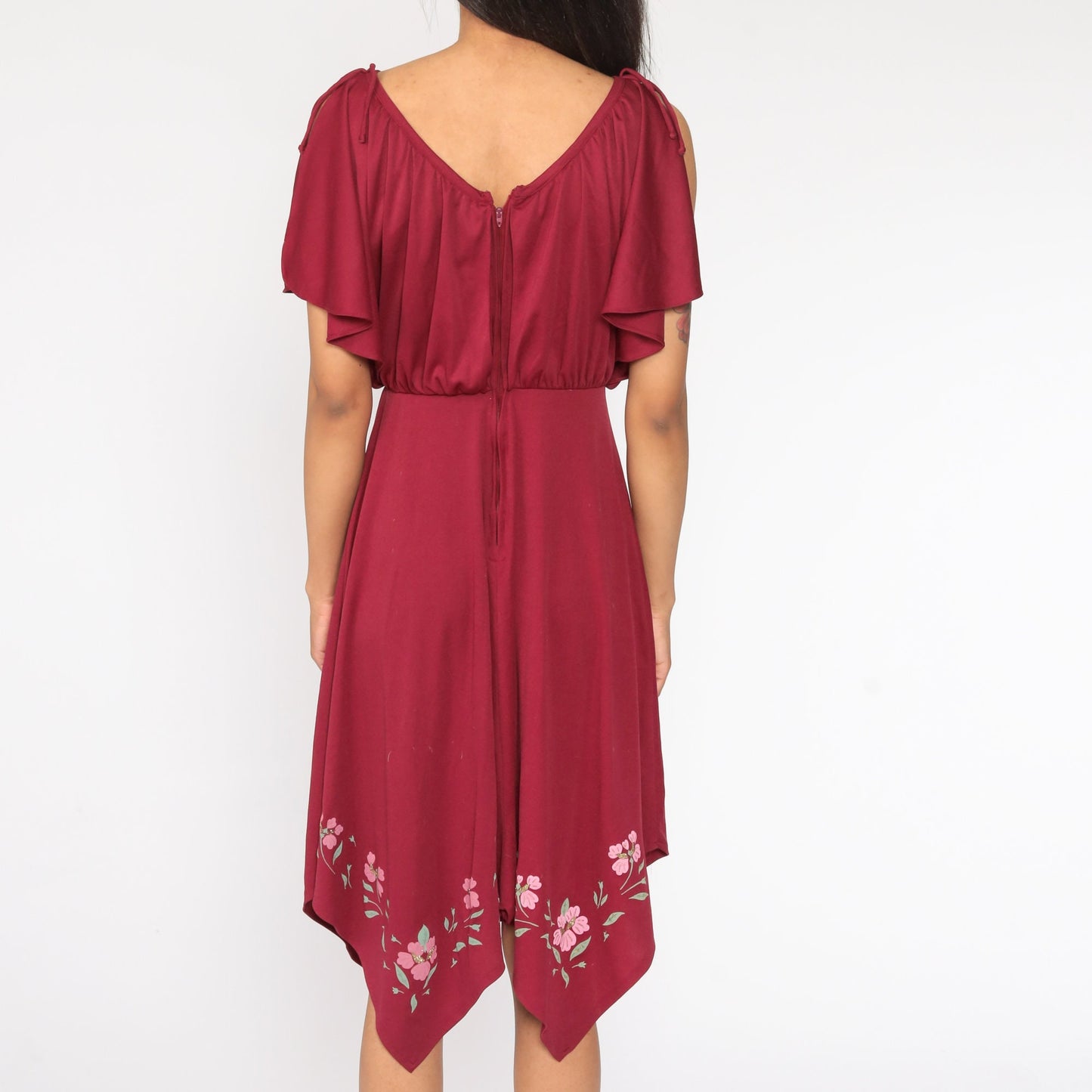 70s Grecian Midi Dress Burgundy Floral High-Low Scarf Hem Small Medium