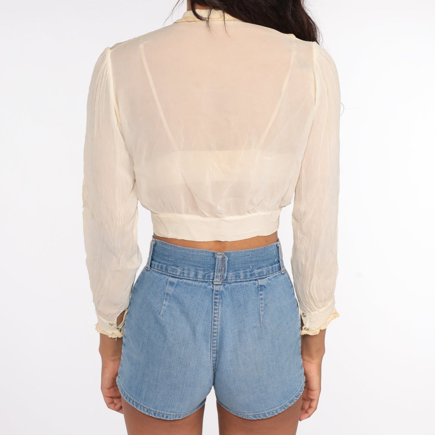 1940s Cream Chiffon Tuxedo Ruffle Blouse Crop Top Button Up Extra Small