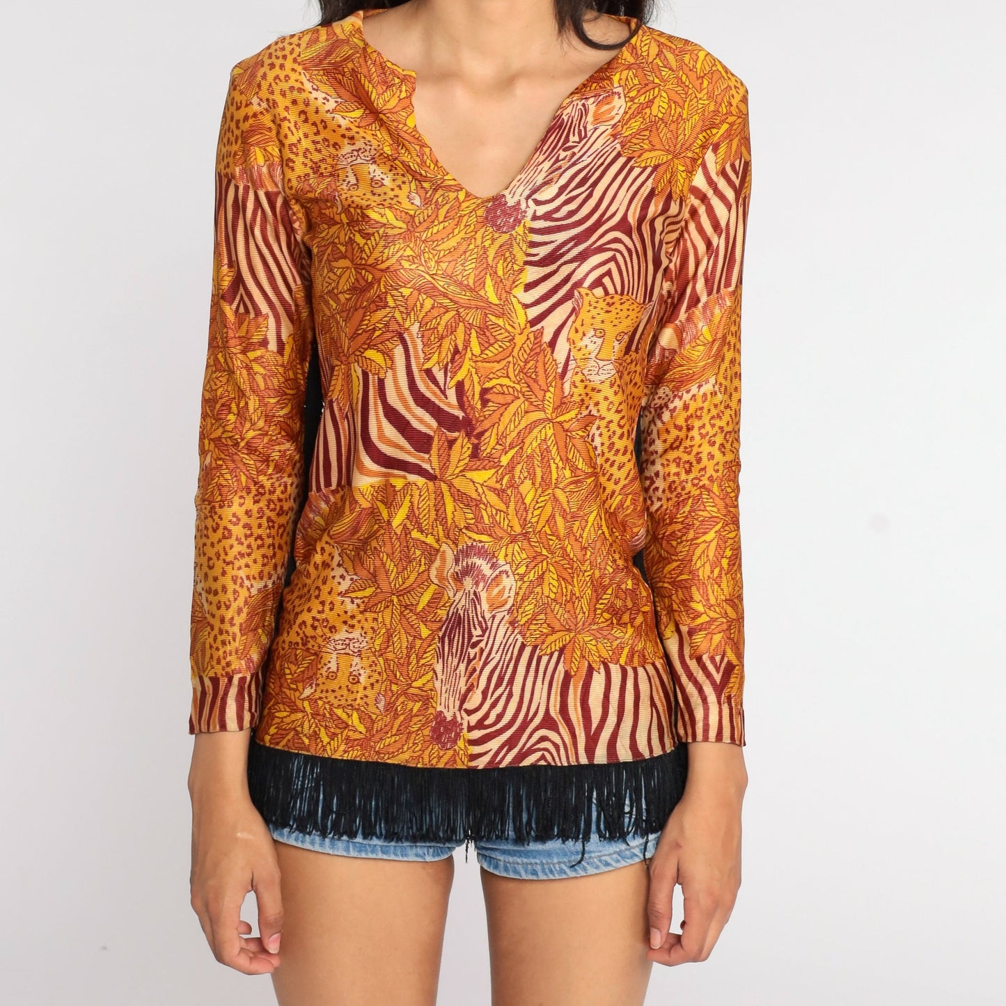 70s Leopard Zebra Animal Print Blouse Fringe Trim Small