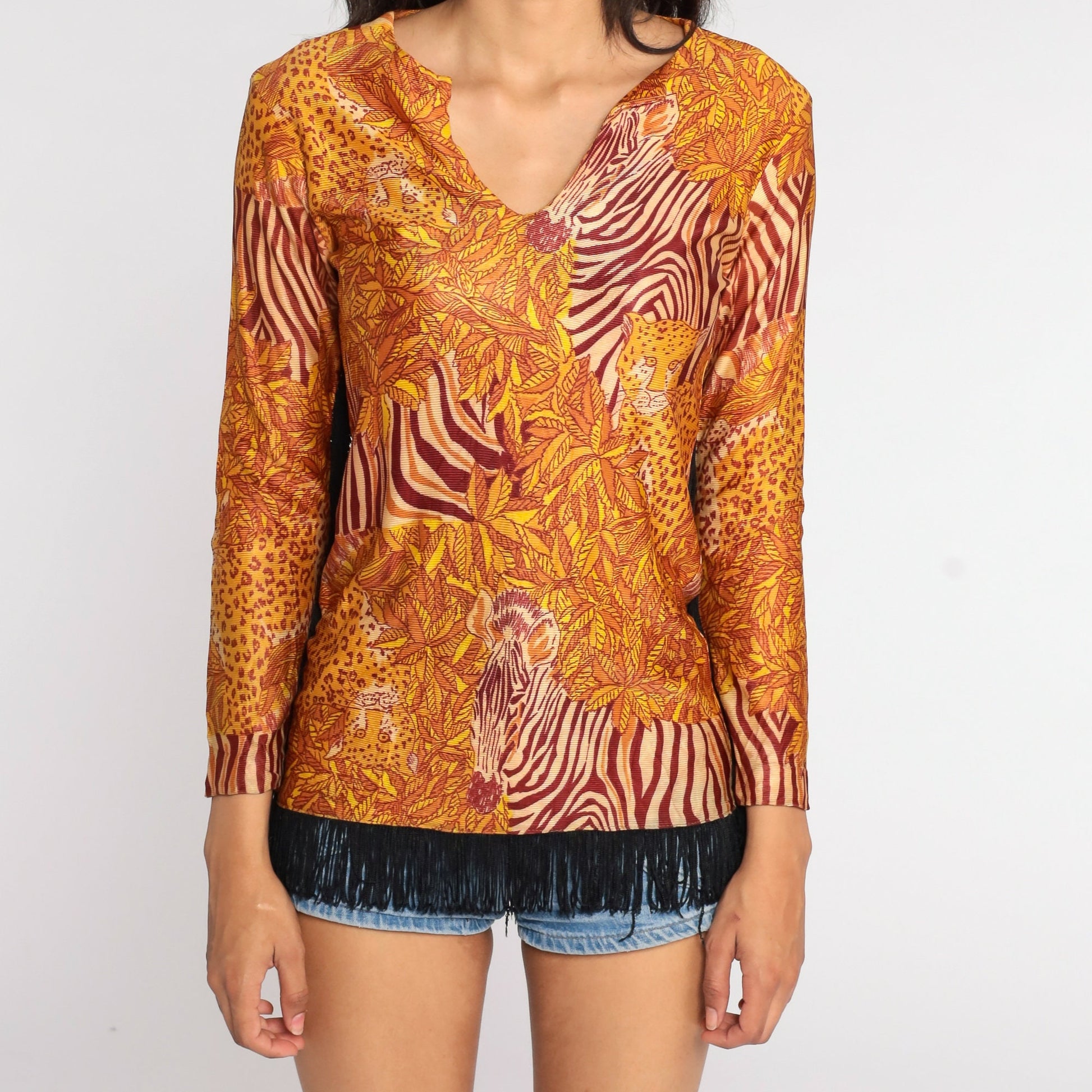 70s Leopard Zebra Animal Print Blouse Fringe Trim Small