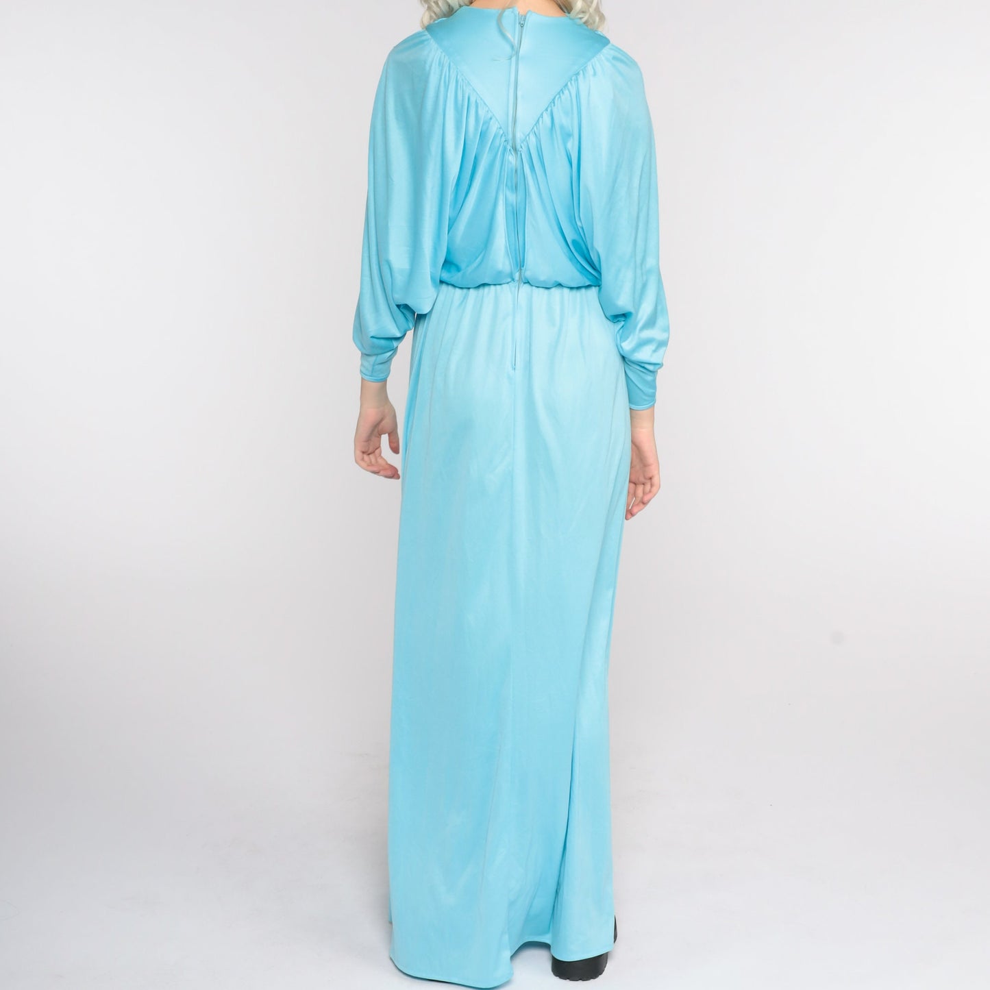 70s Blue Maxi Dress Split Sleeve Blouson Bodice Grecian Small Medium