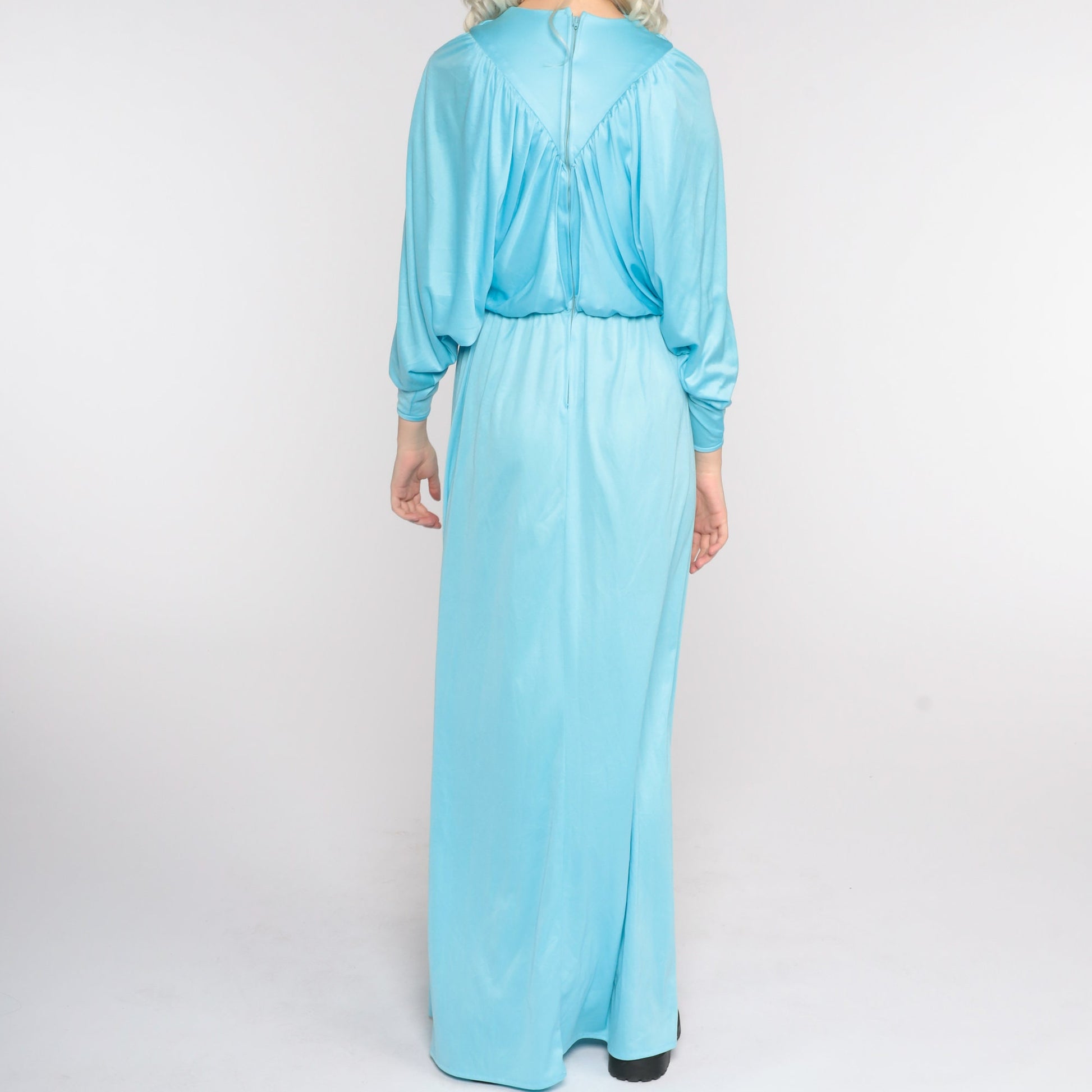 70s Blue Maxi Dress Split Sleeve Blouson Bodice Grecian Small Medium
