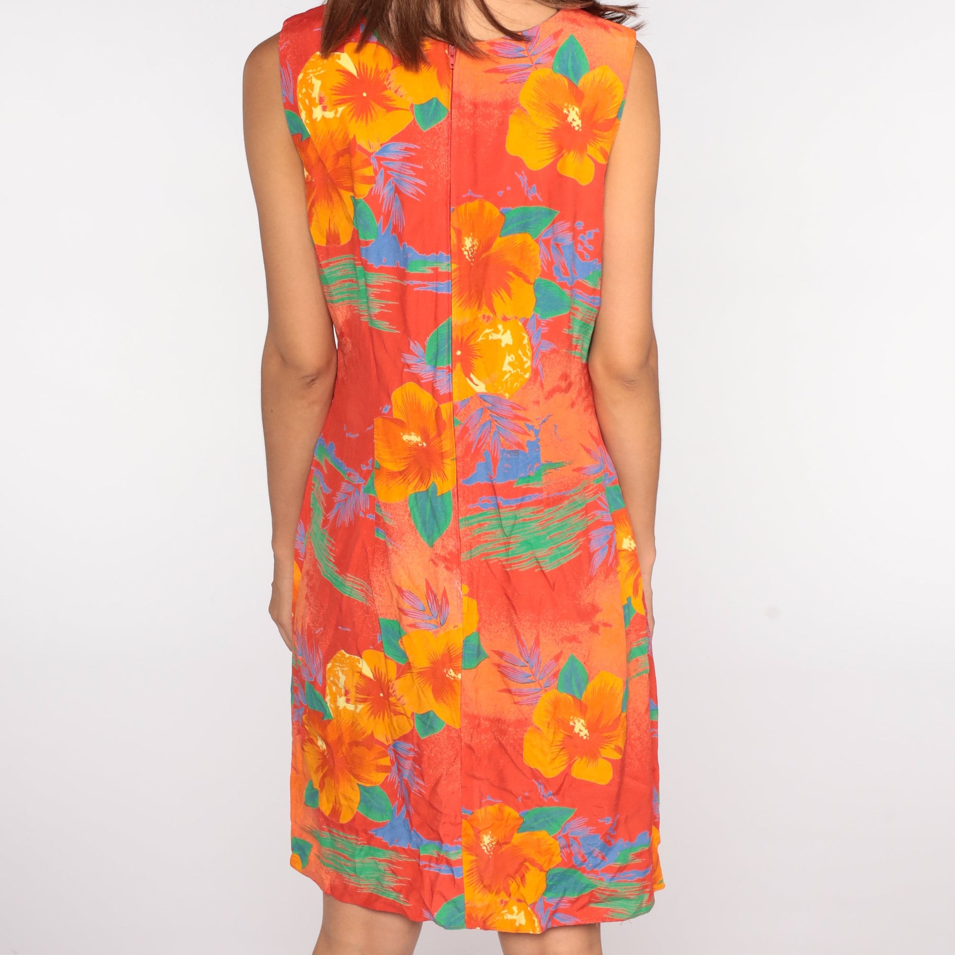 80s Tropical Floral Mini Wrap Dress Orange Short Sleeve Medium