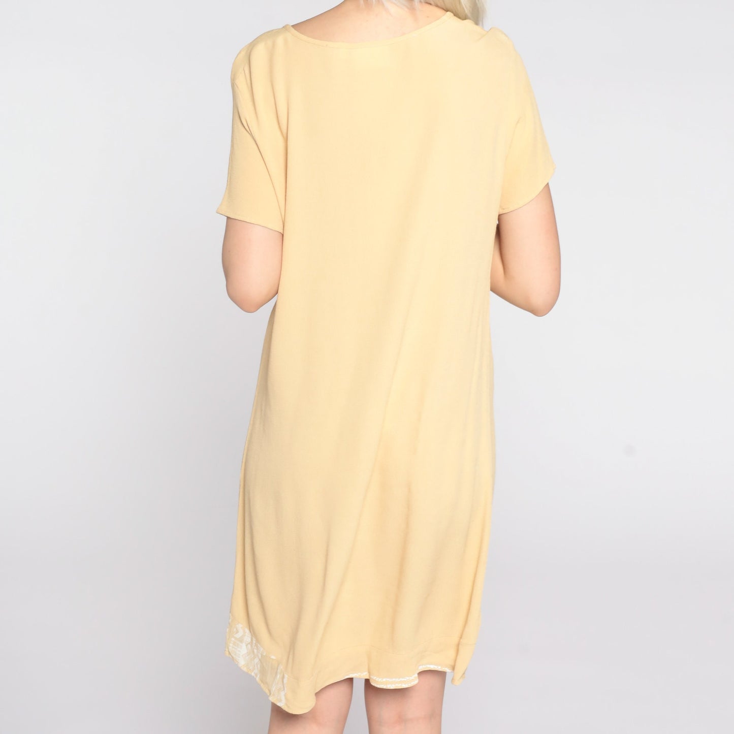 90s Yellow Mini Shift Dress Zig Zag Trim Short Sleeve Small S