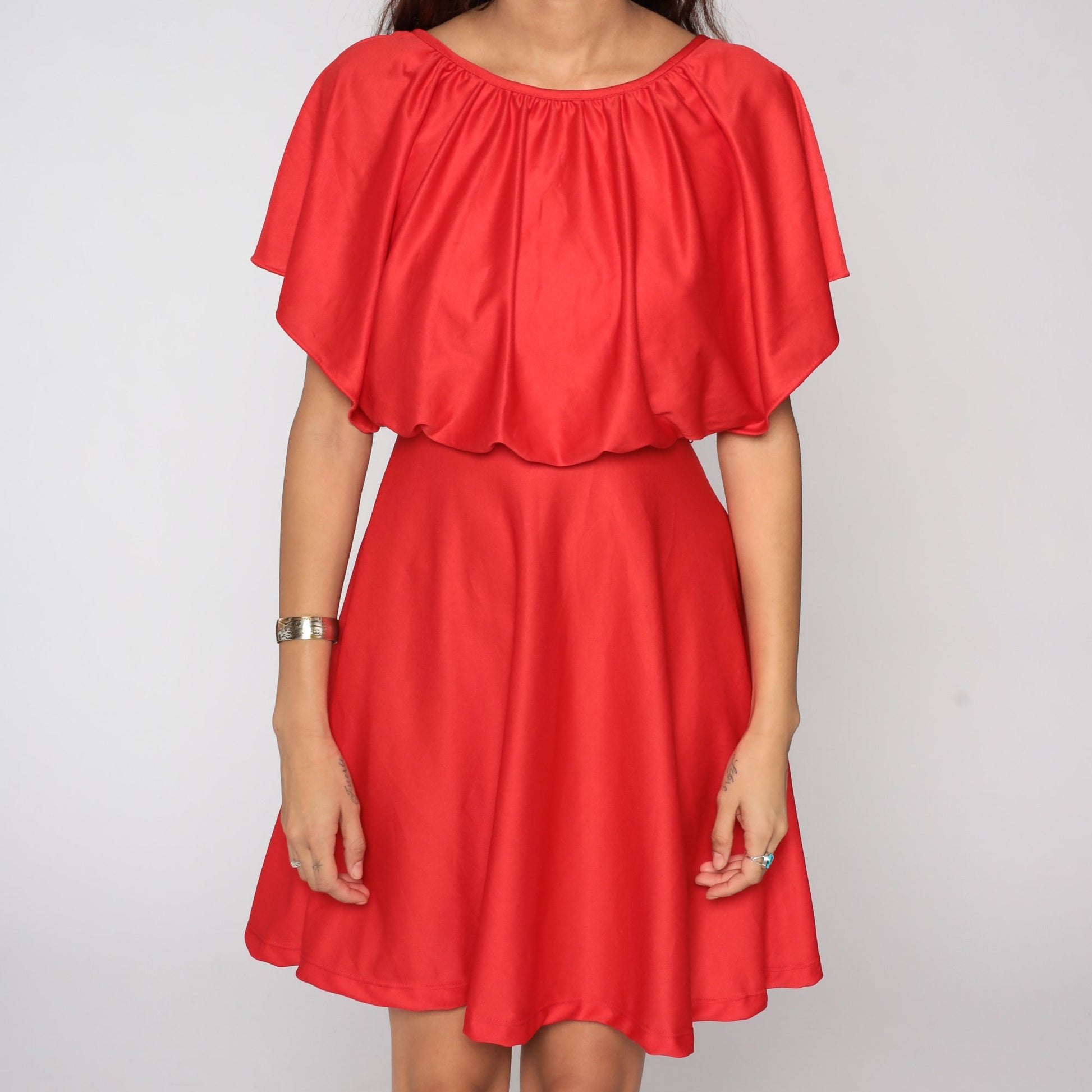 70s Red Grecian Mini Dress High Waist Flutter Sleeve Capelet Small
