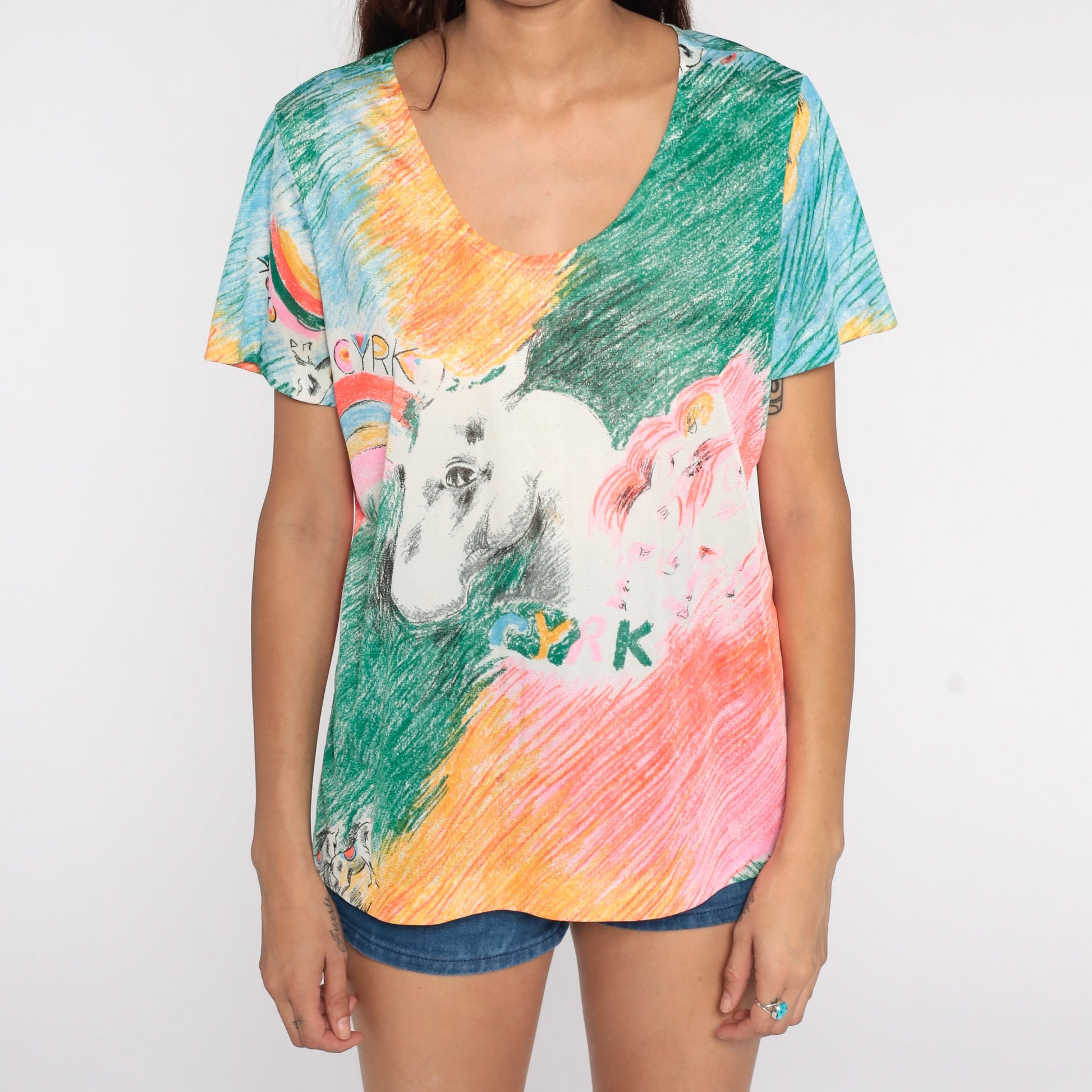 70s Cyrk Art Horse Rainbow Shirt Tunic Top Short Sleeve Large L