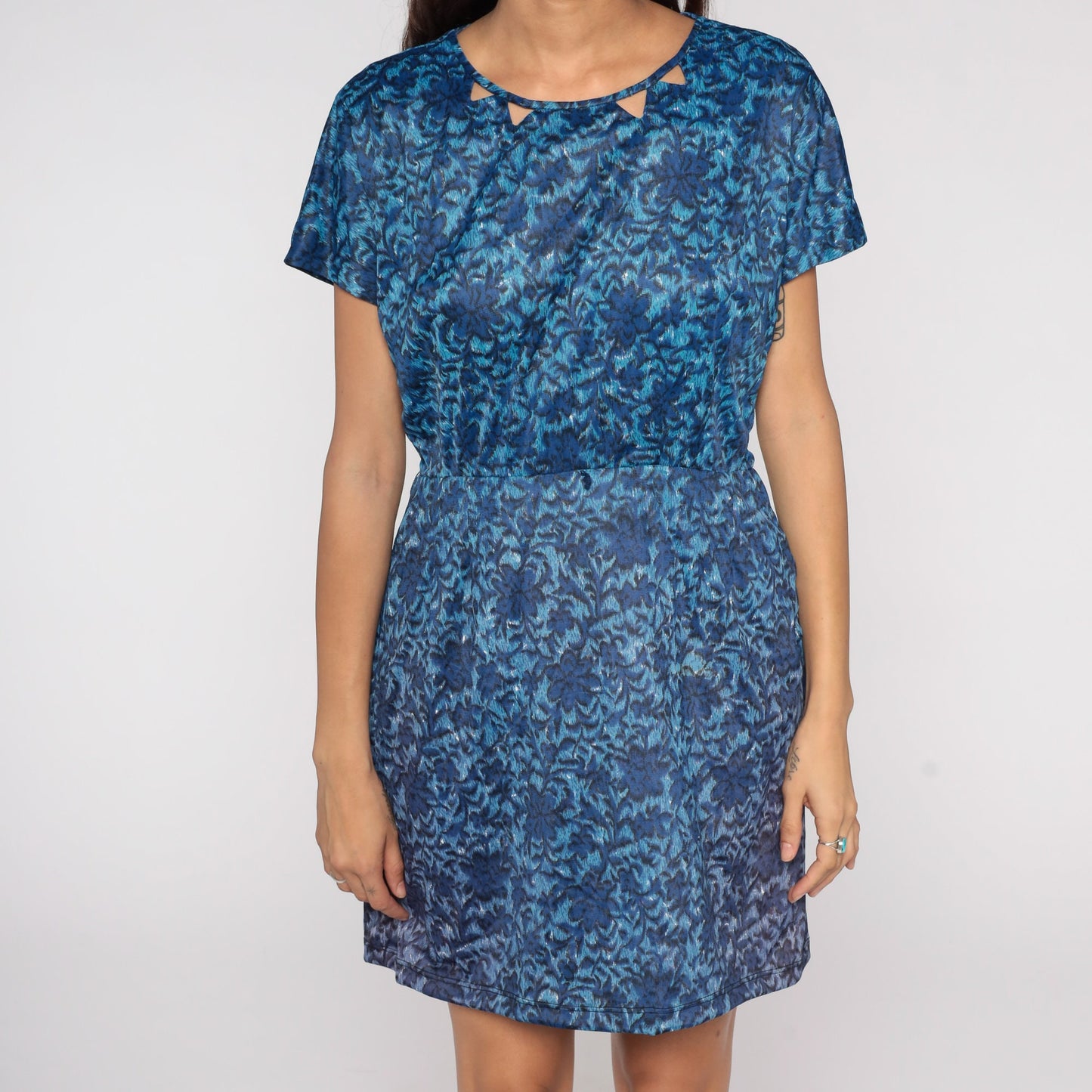 1970s Blue Floral Sheath Dress High Waist Mini Cap Sleeve Medium