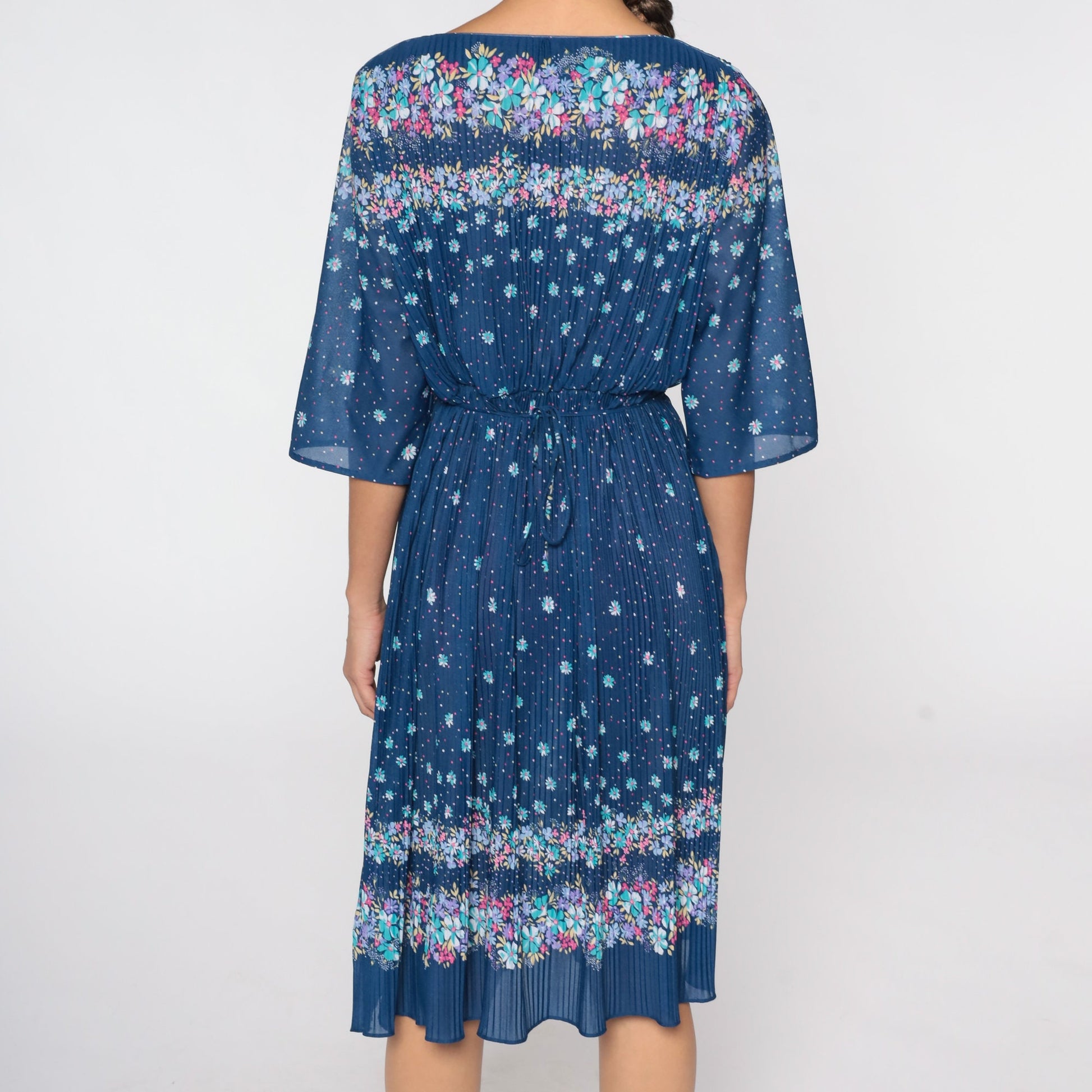 70s Floral Midi Dress Blue High Waist Knife Pleated 3/4 Sleeve Large L