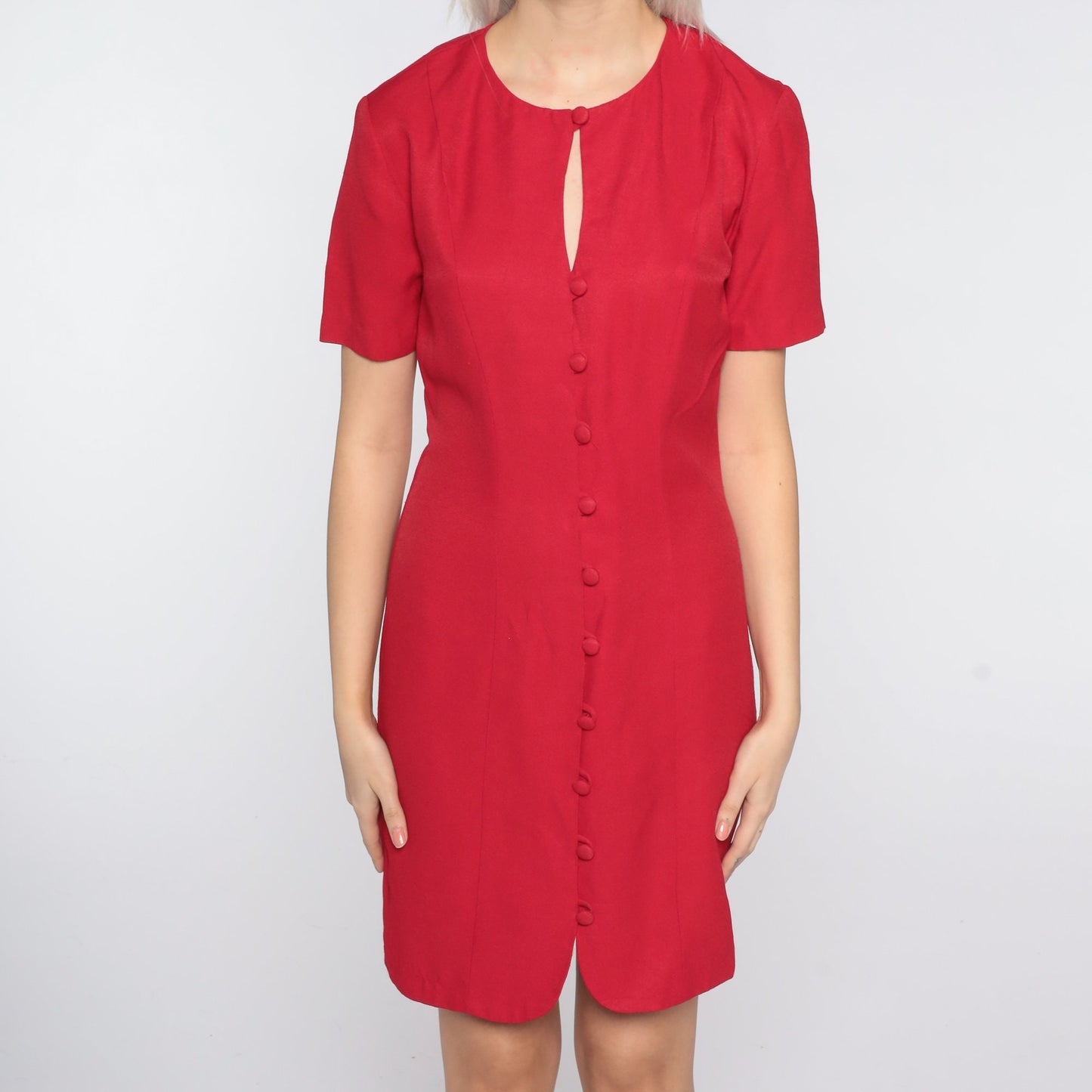 90s Red Mini Shift Dress Button Front Keyhole Short Sleeve Small